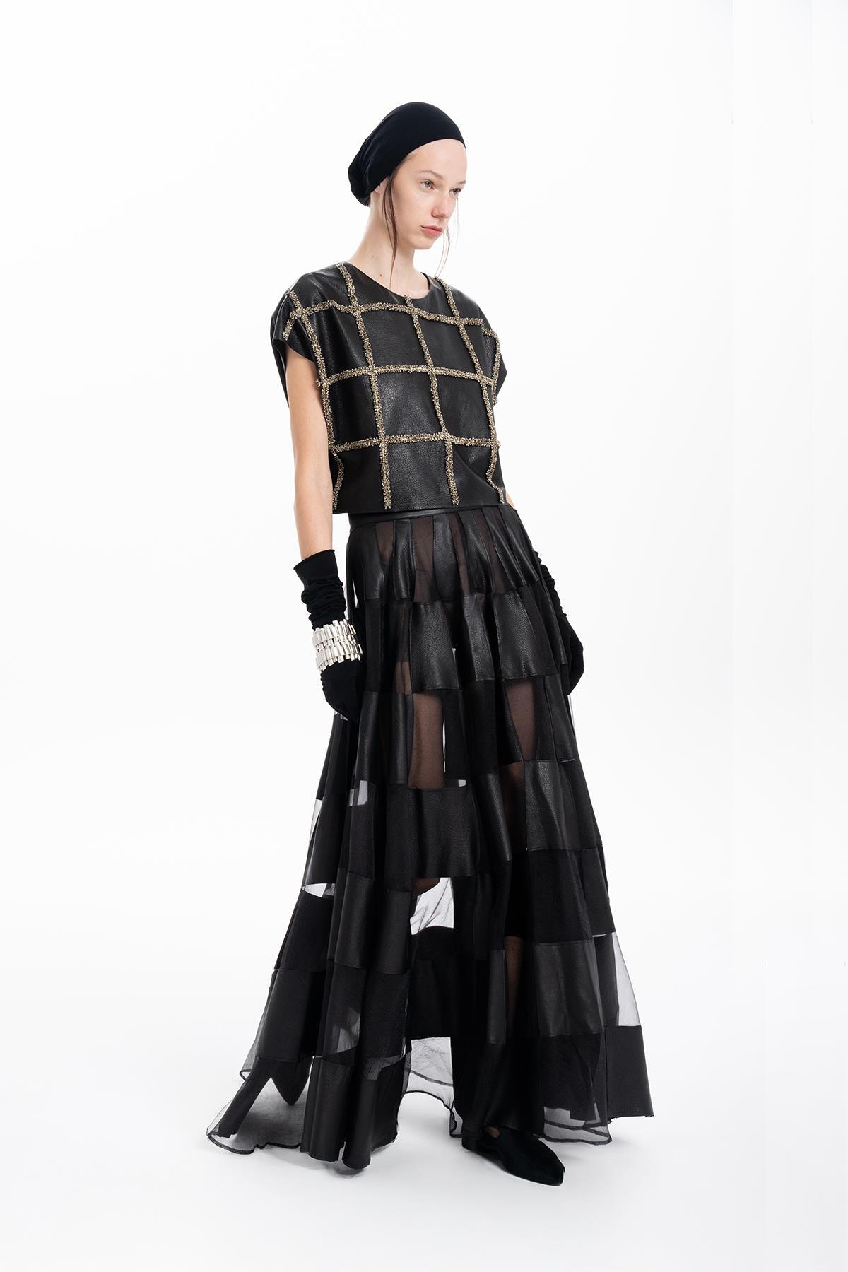 BLACK LEATHER ORGANZA PATCHWORK DESIGN LONG SKIRT