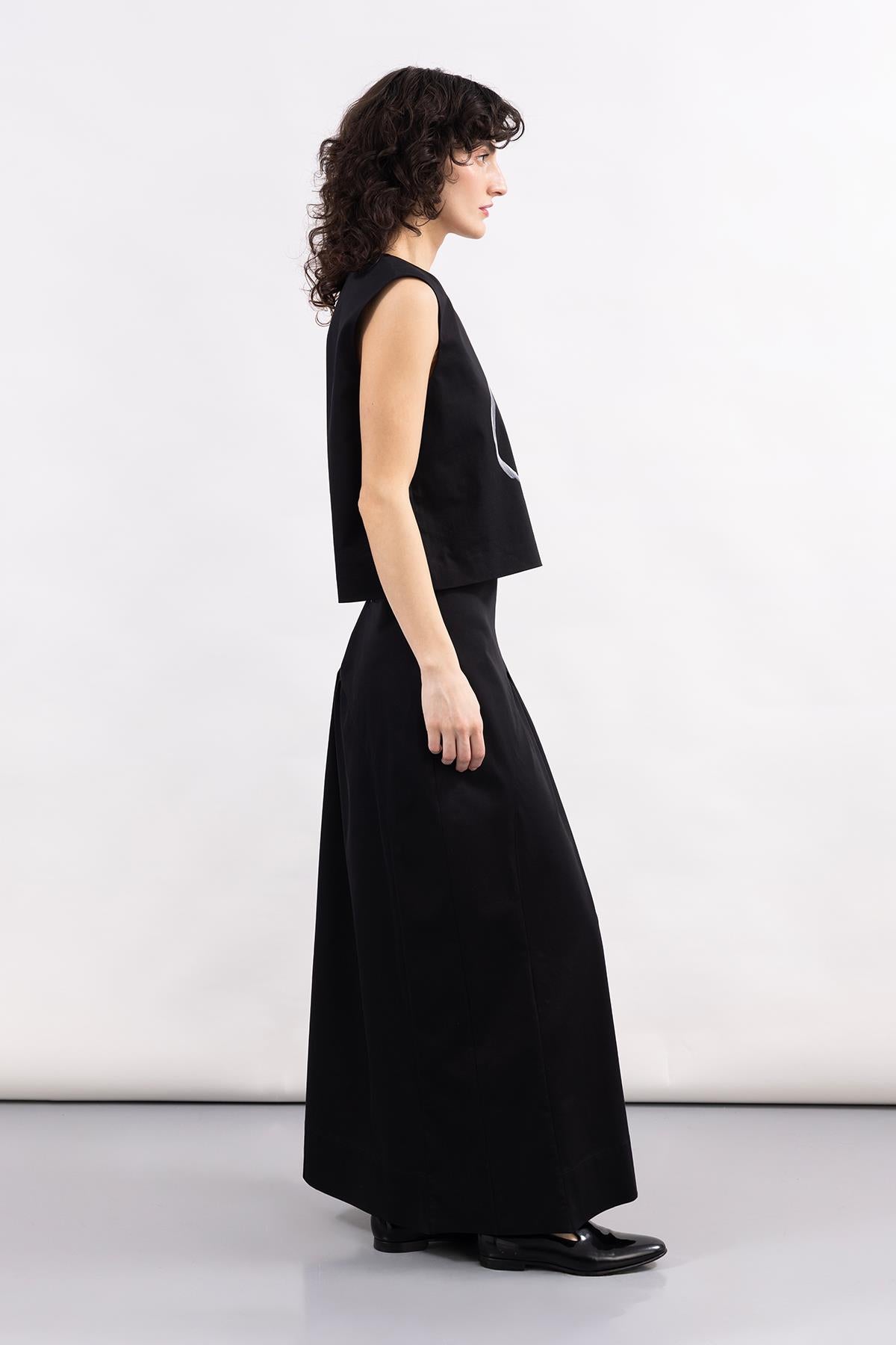 BLACK CORSSAGE WAIST DETAILED LONG WOVEN POPLIN SKIRT