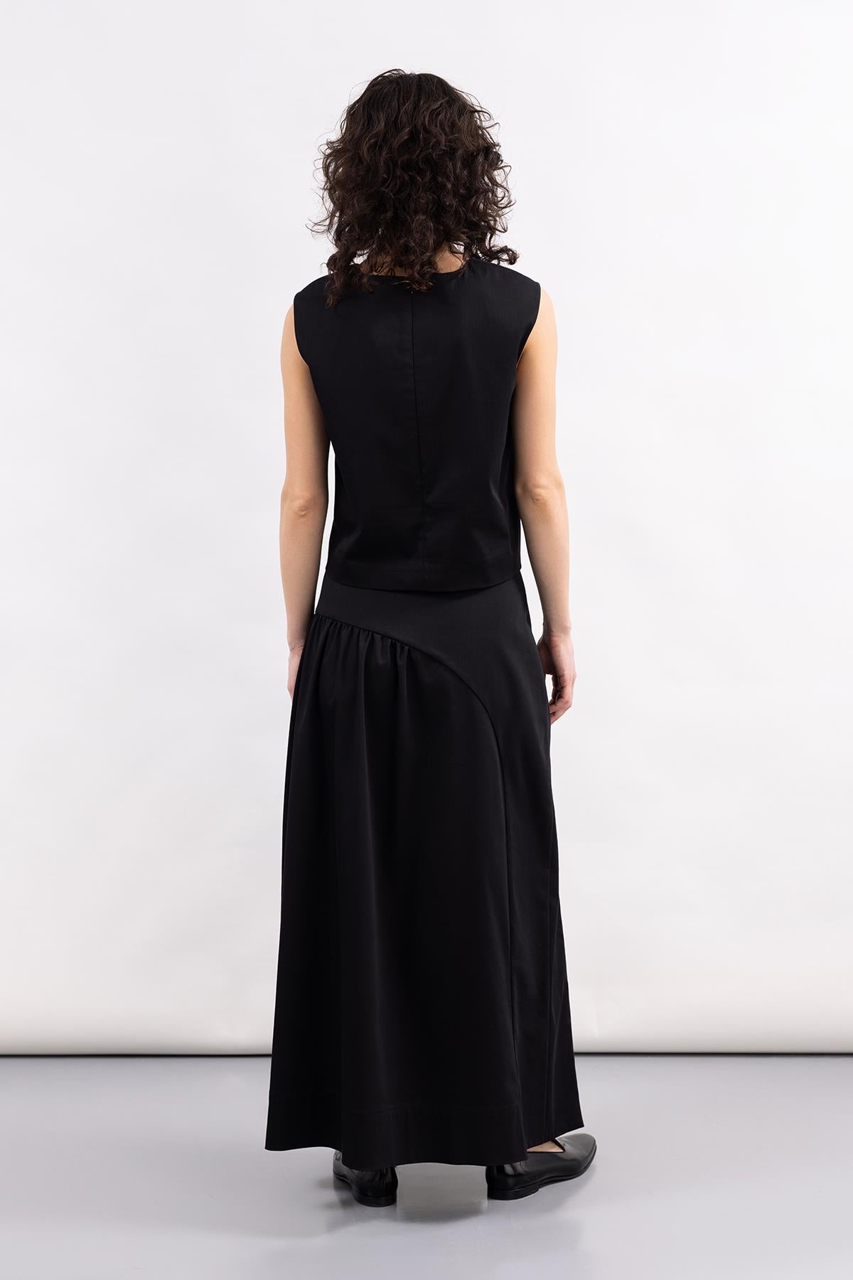 BLACK CORSSAGE WAIST DETAILED LONG WOVEN POPLIN SKIRT