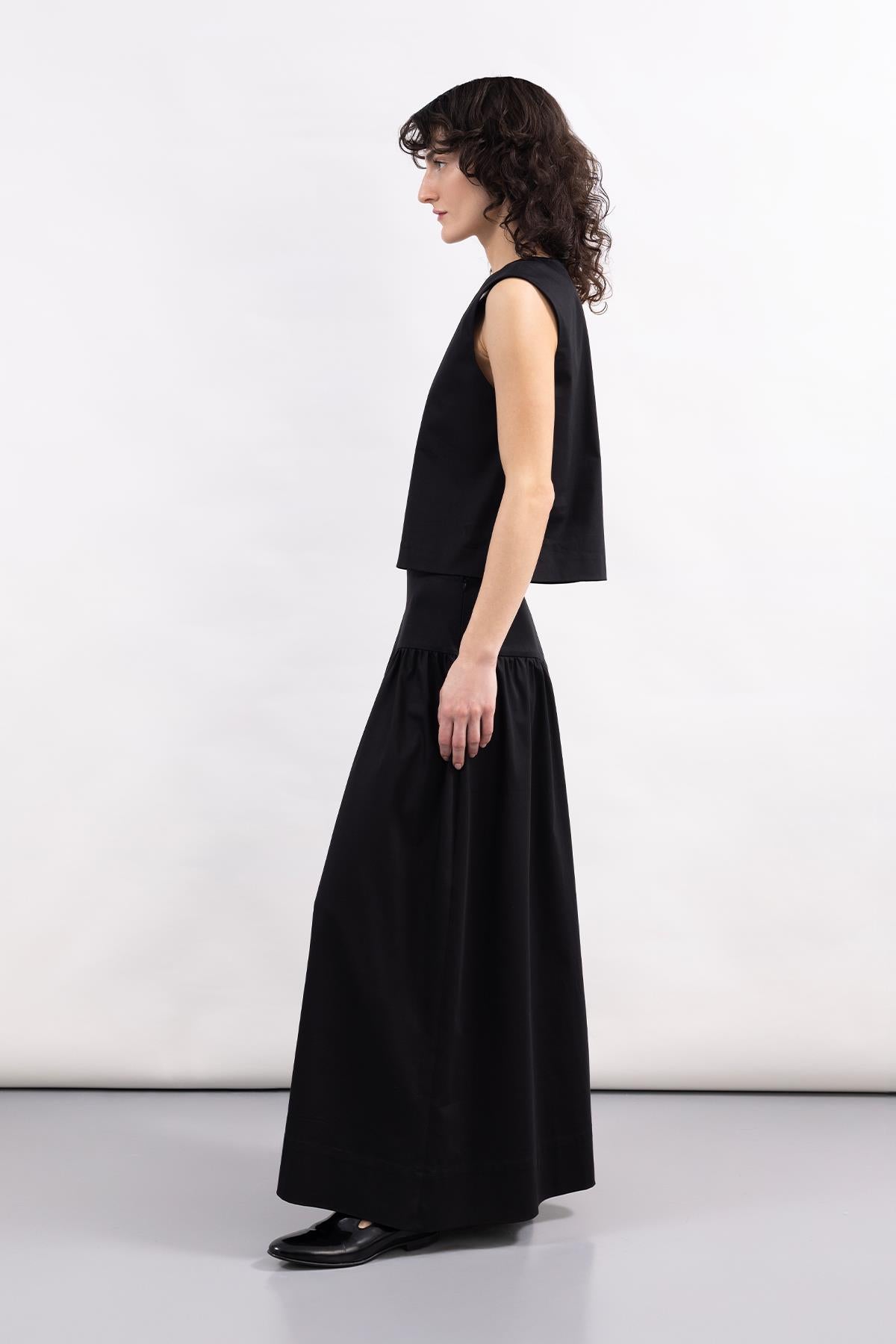 BLACK CORSSAGE WAIST DETAILED LONG WOVEN POPLIN SKIRT