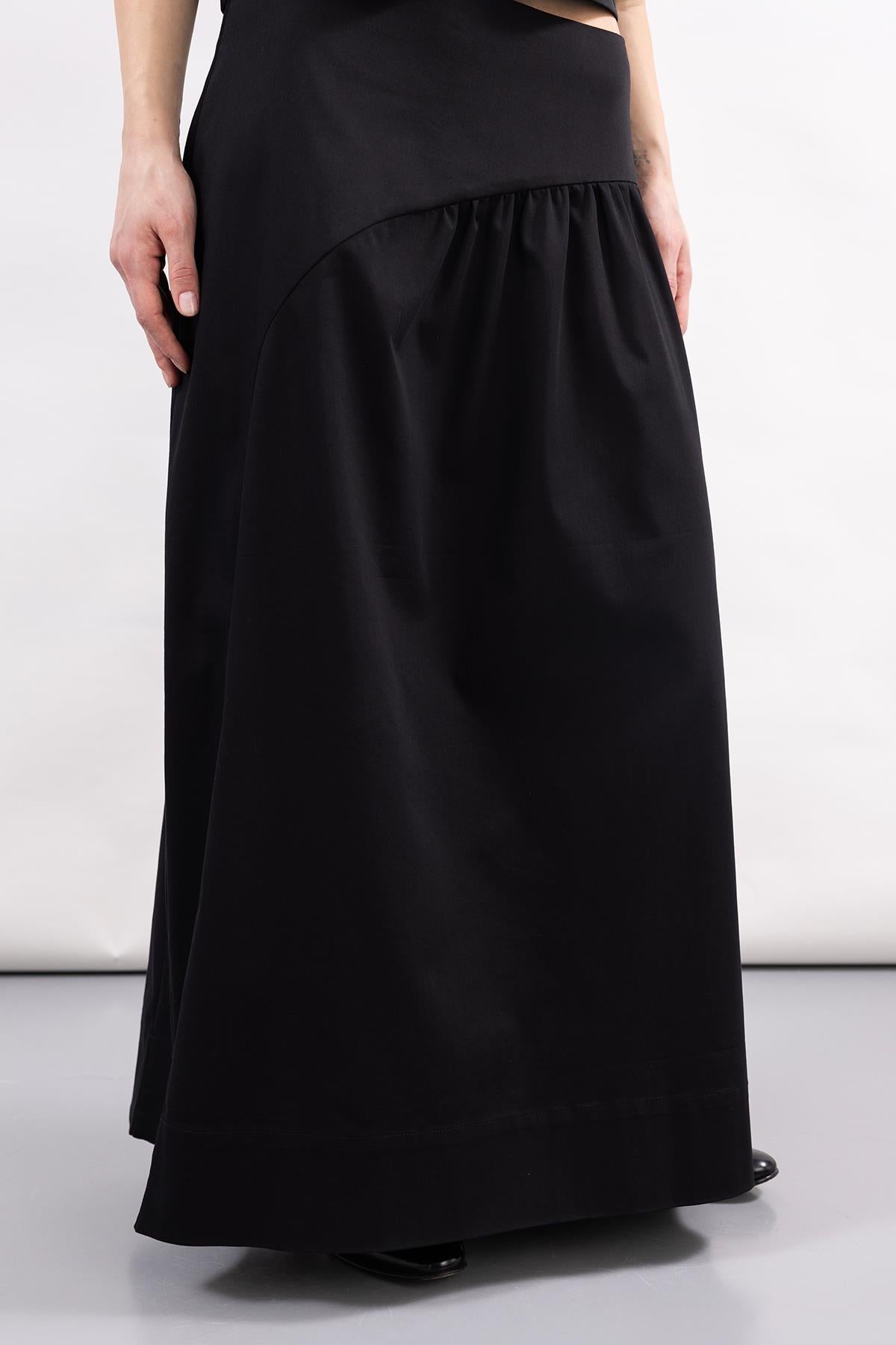 BLACK CORSSAGE WAIST DETAILED LONG WOVEN POPLIN SKIRT