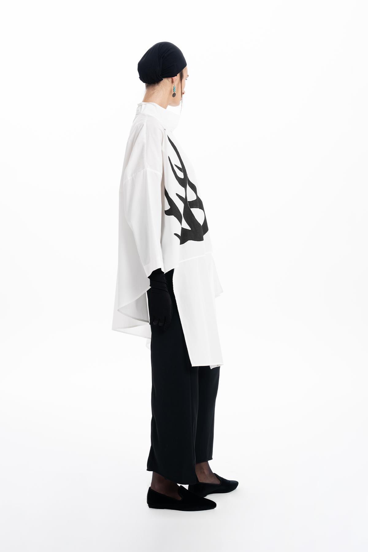 WHITE DEER ANTLER PATTERNED OVERSIZE ASYMMETRIC CUT SHIRT