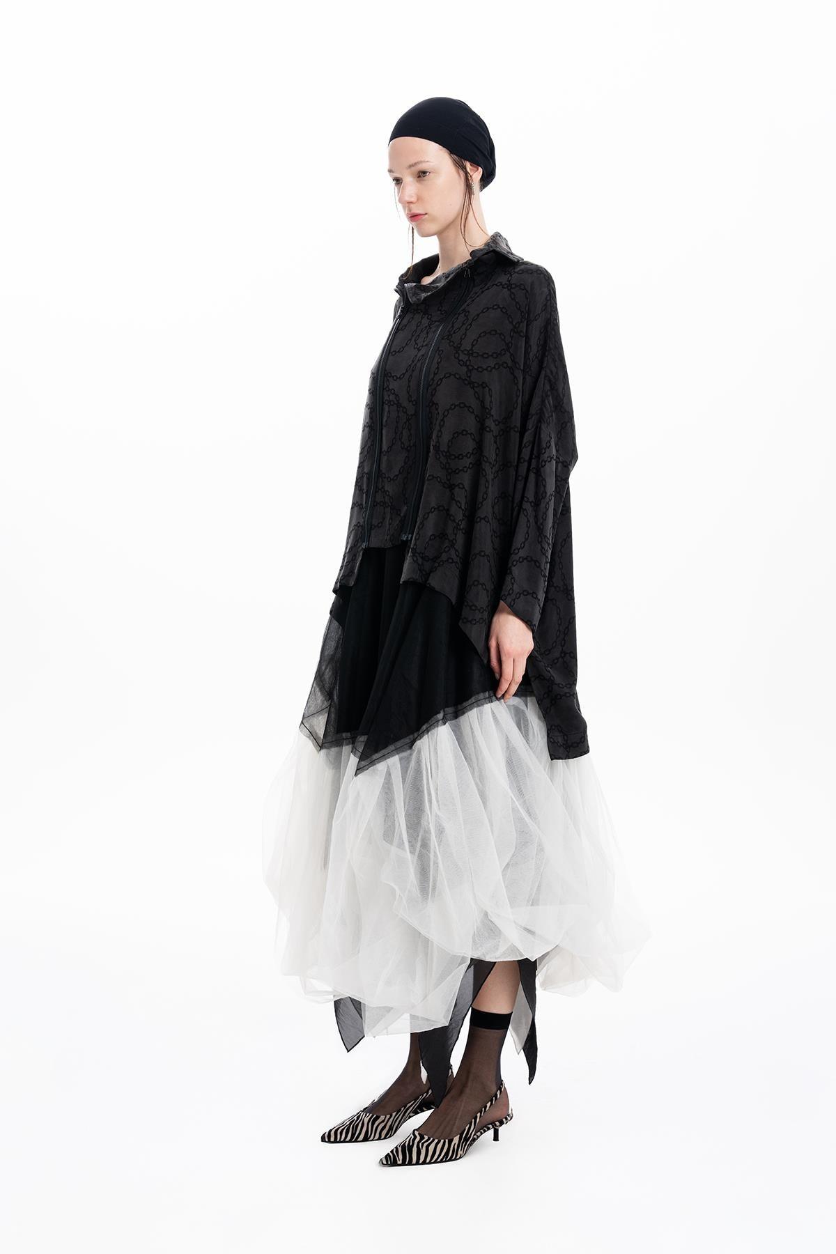 BLACK CHAIN PATTERNED ZIPPERED OVERSIZED SHIRT