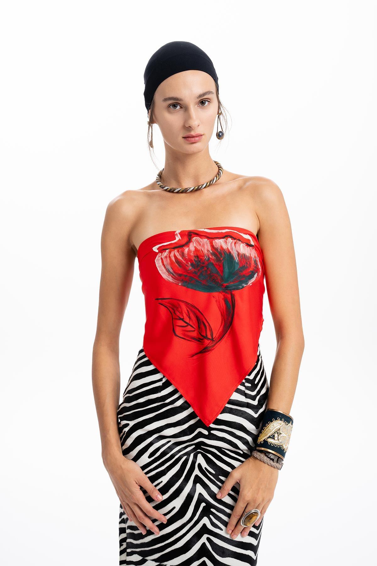 RED HAND PAINTED FLORAL PATTERNED STRAPLESS BUSTIER