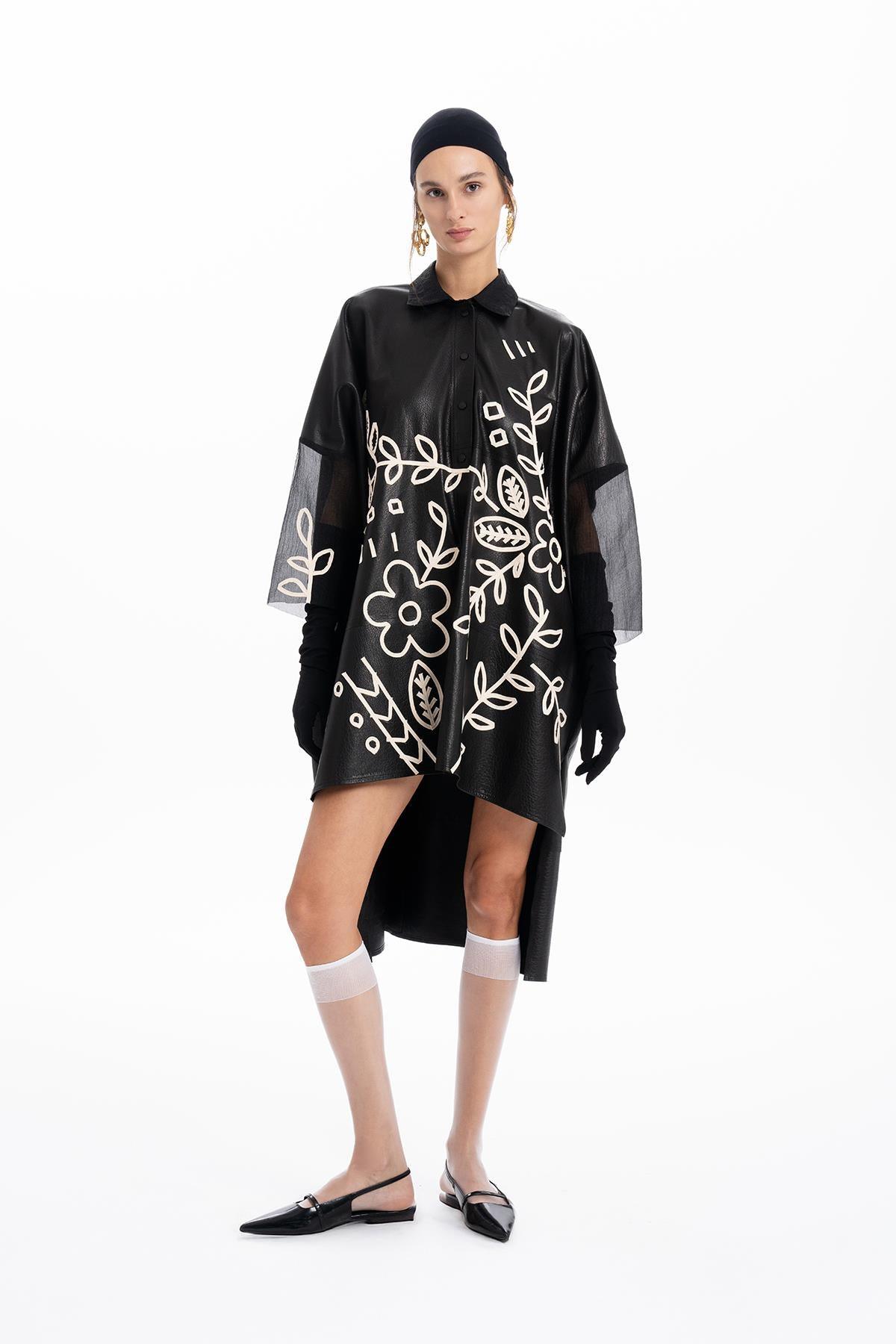 BLACK FLOWER EMBROIDERED LEATHER ORGANZA SHIRT DRESS