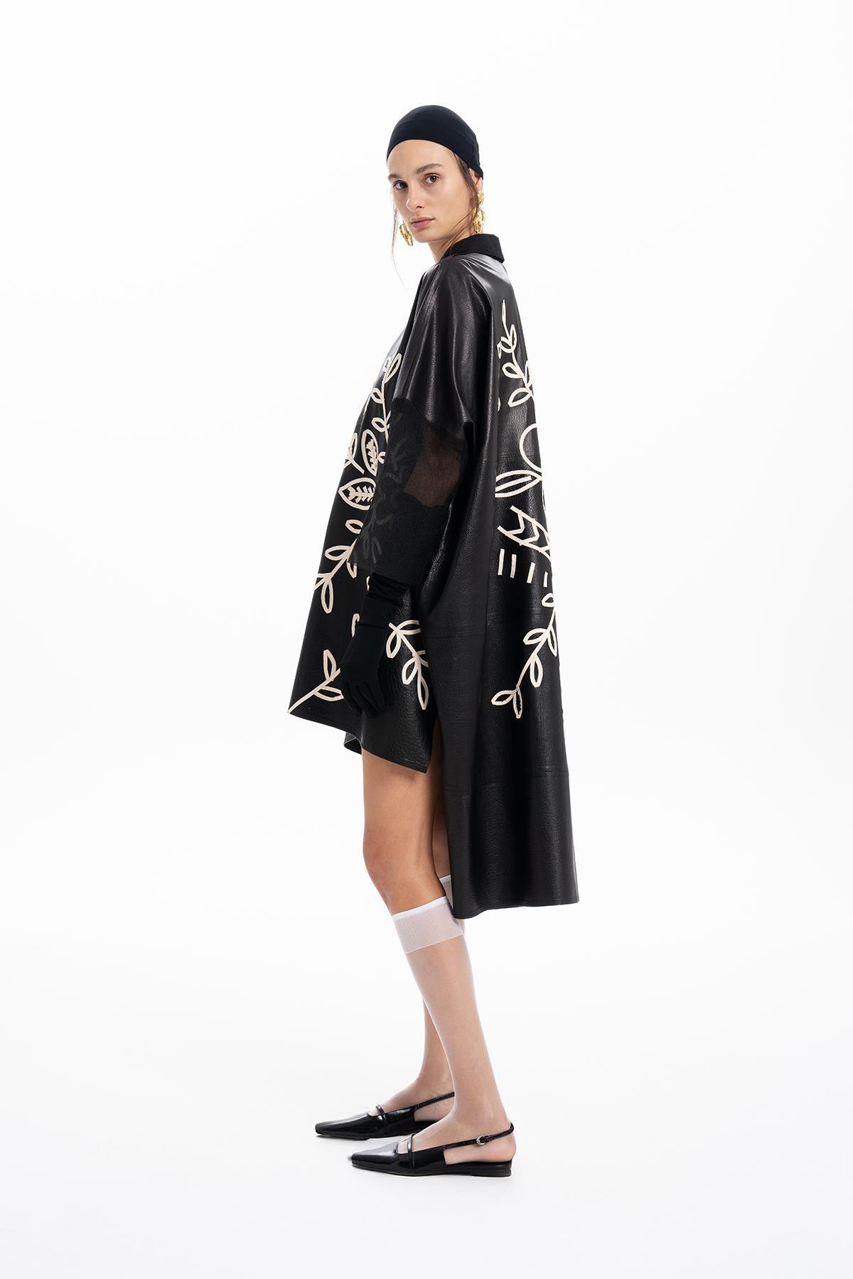 BLACK FLOWER EMBROIDERED LEATHER ORGANZA SHIRT DRESS