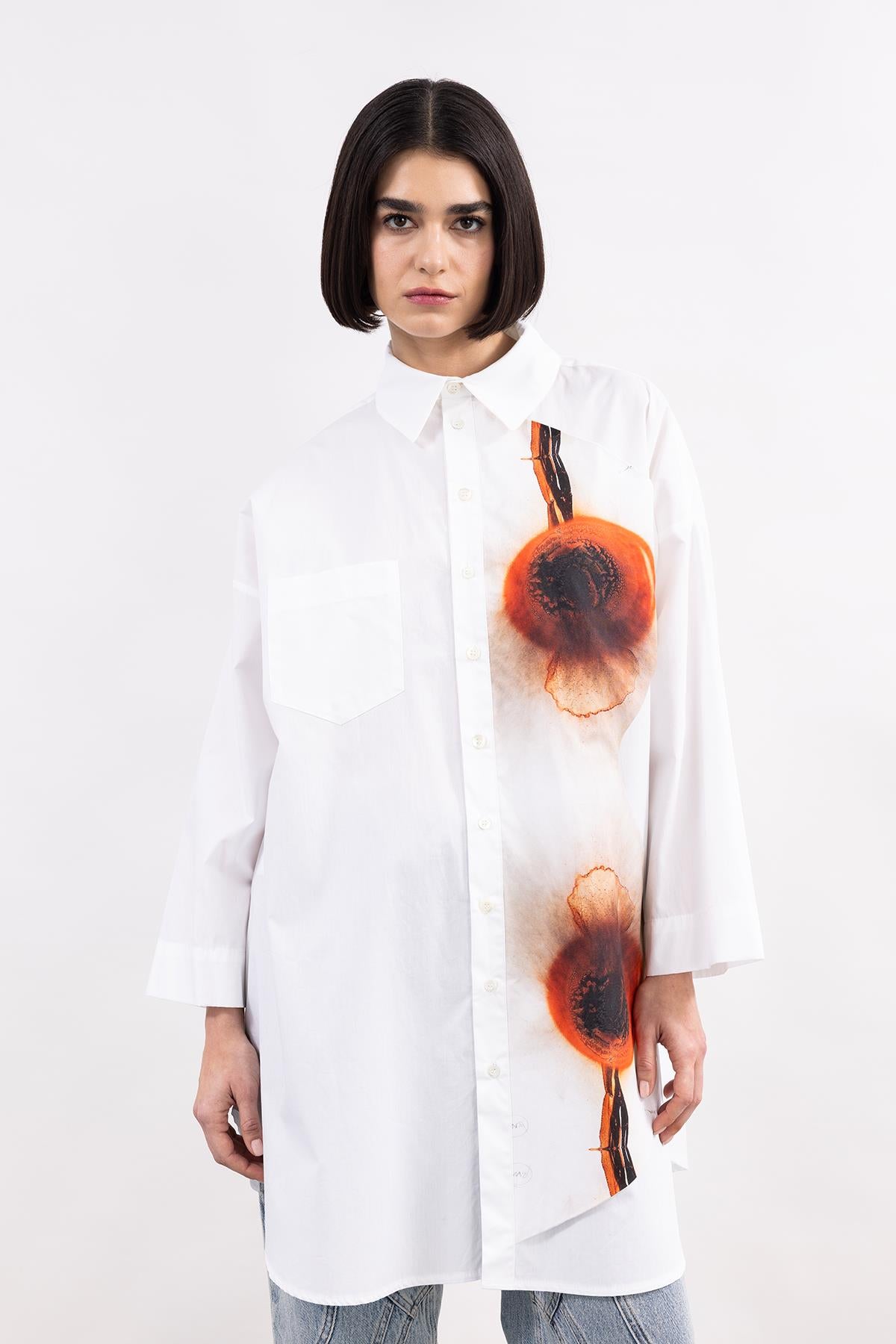 WHITE ABSTRACT PATTERN DIGITAL PRINTED ASYMMETRIC CUT SHIRT