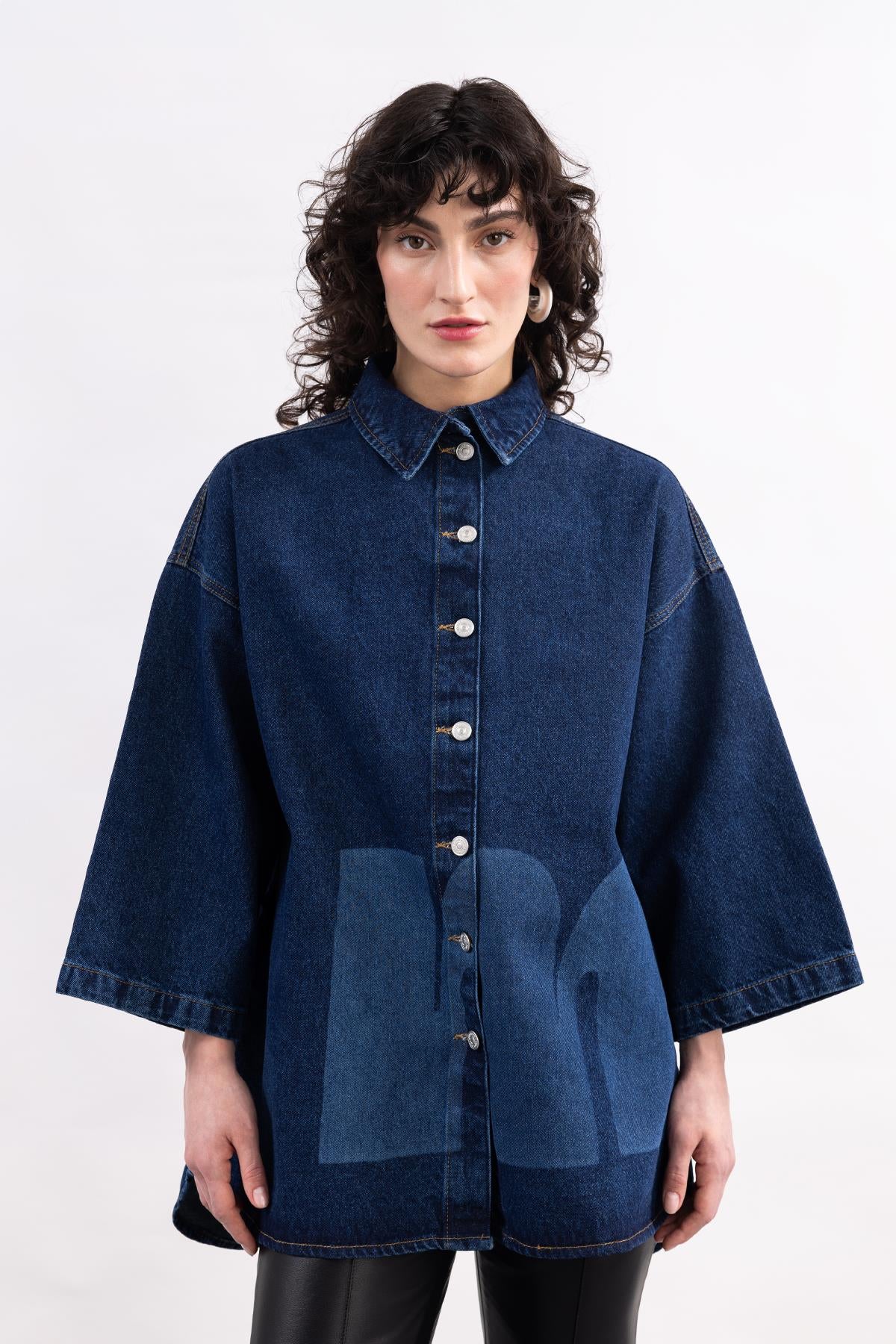 DARK BLUE THREE QUARTER SLEEVE WRITTEN PRINTED DENIM SHIRT