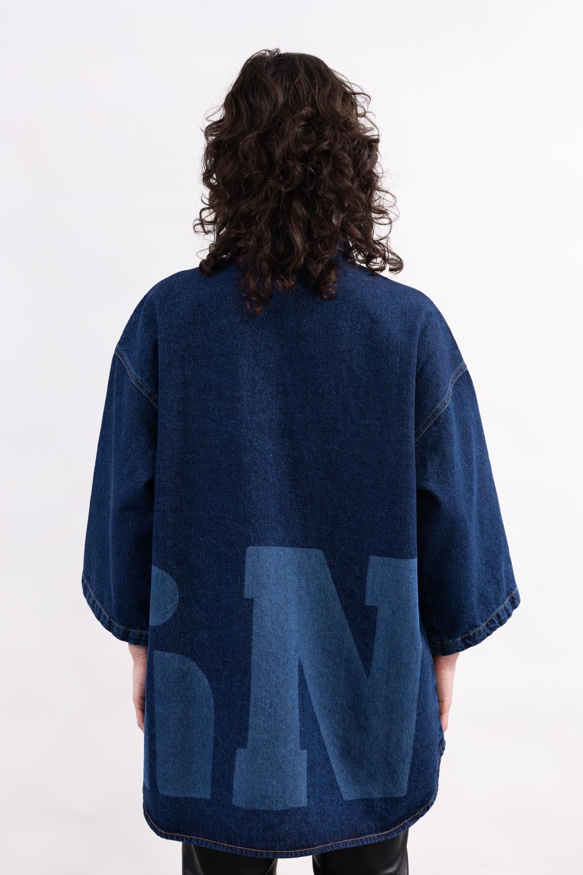 DARK BLUE THREE QUARTER SLEEVE WRITTEN PRINTED DENIM SHIRT