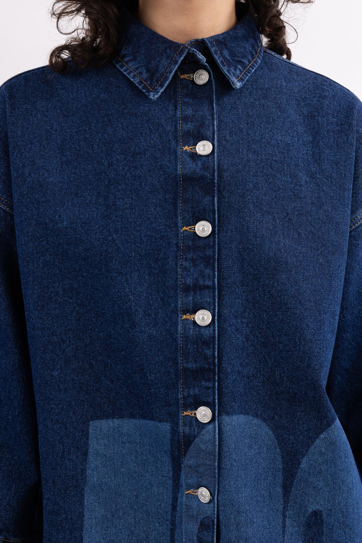 DARK BLUE THREE QUARTER SLEEVE WRITTEN PRINTED DENIM SHIRT