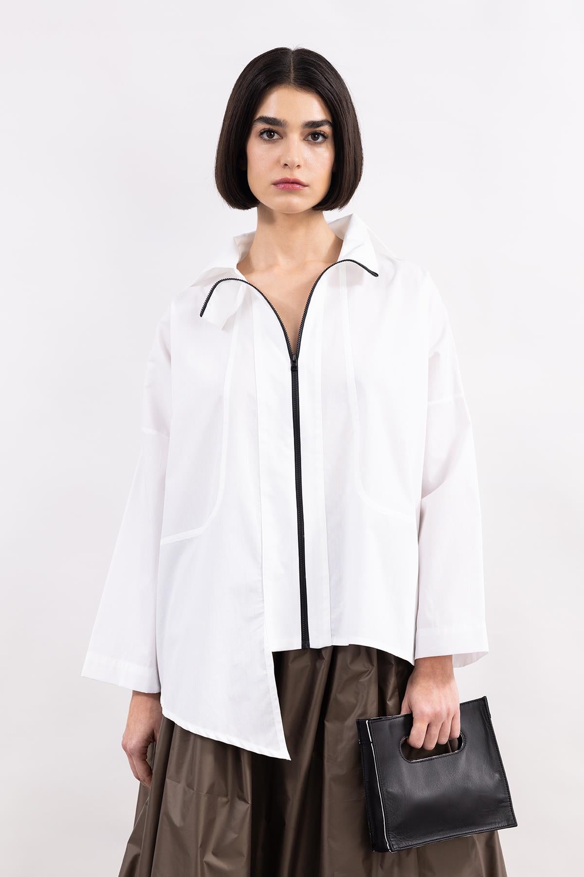 WHITE LONG SLEEVE ZIPPERED HIGH COLLAR POPLIN SHIRT