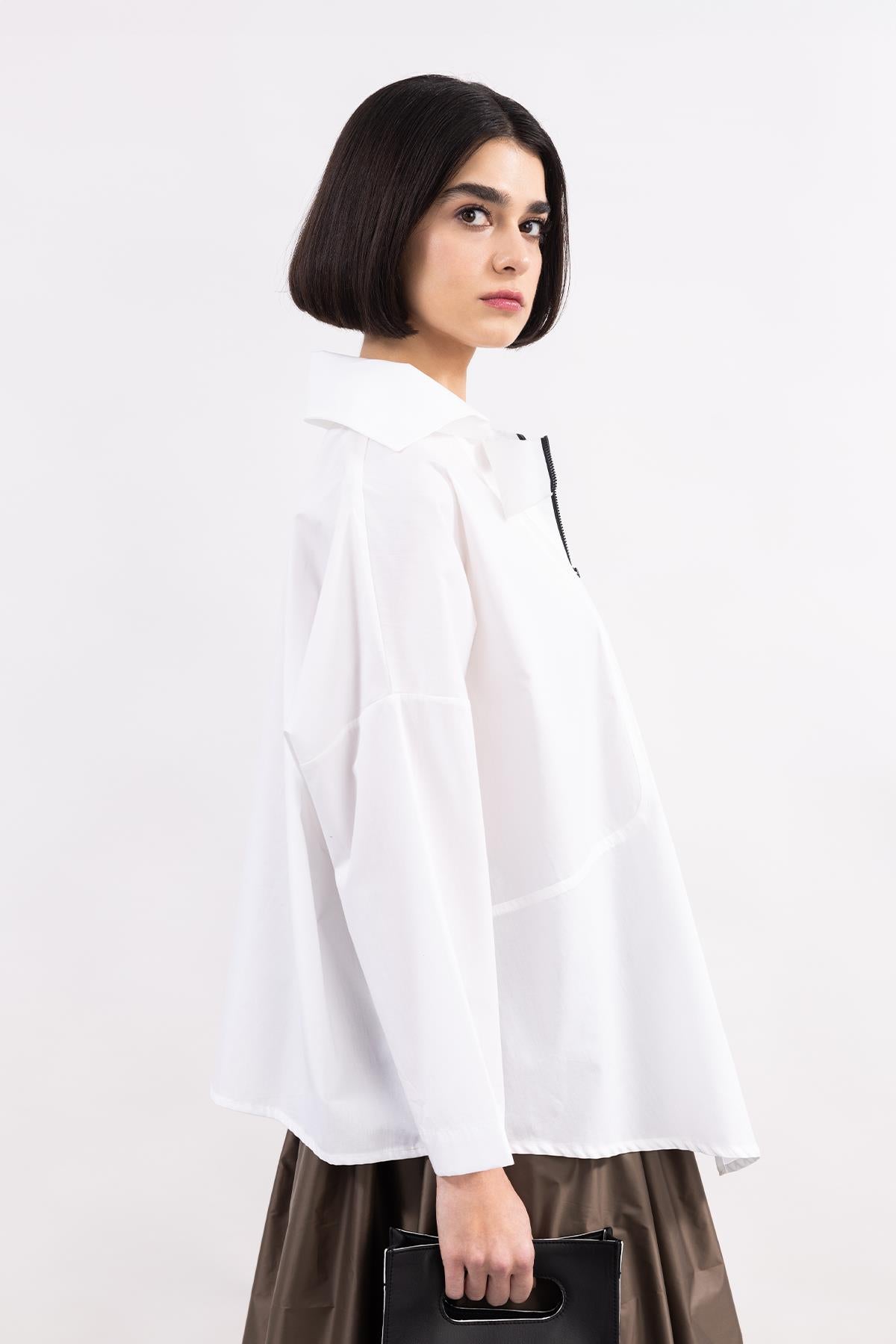 WHITE LONG SLEEVE ZIPPERED HIGH COLLAR POPLIN SHIRT