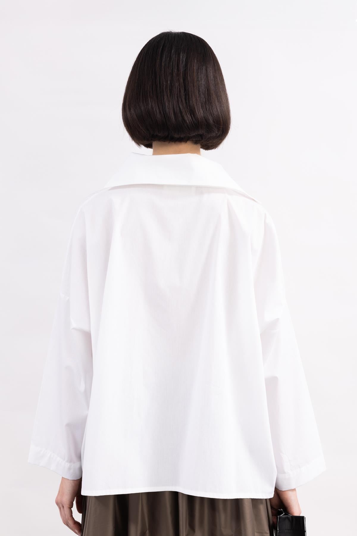 WHITE LONG SLEEVE ZIPPERED HIGH COLLAR POPLIN SHIRT