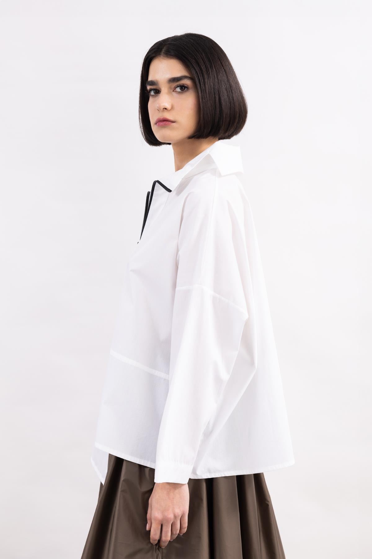 WHITE LONG SLEEVE ZIPPERED HIGH COLLAR POPLIN SHIRT