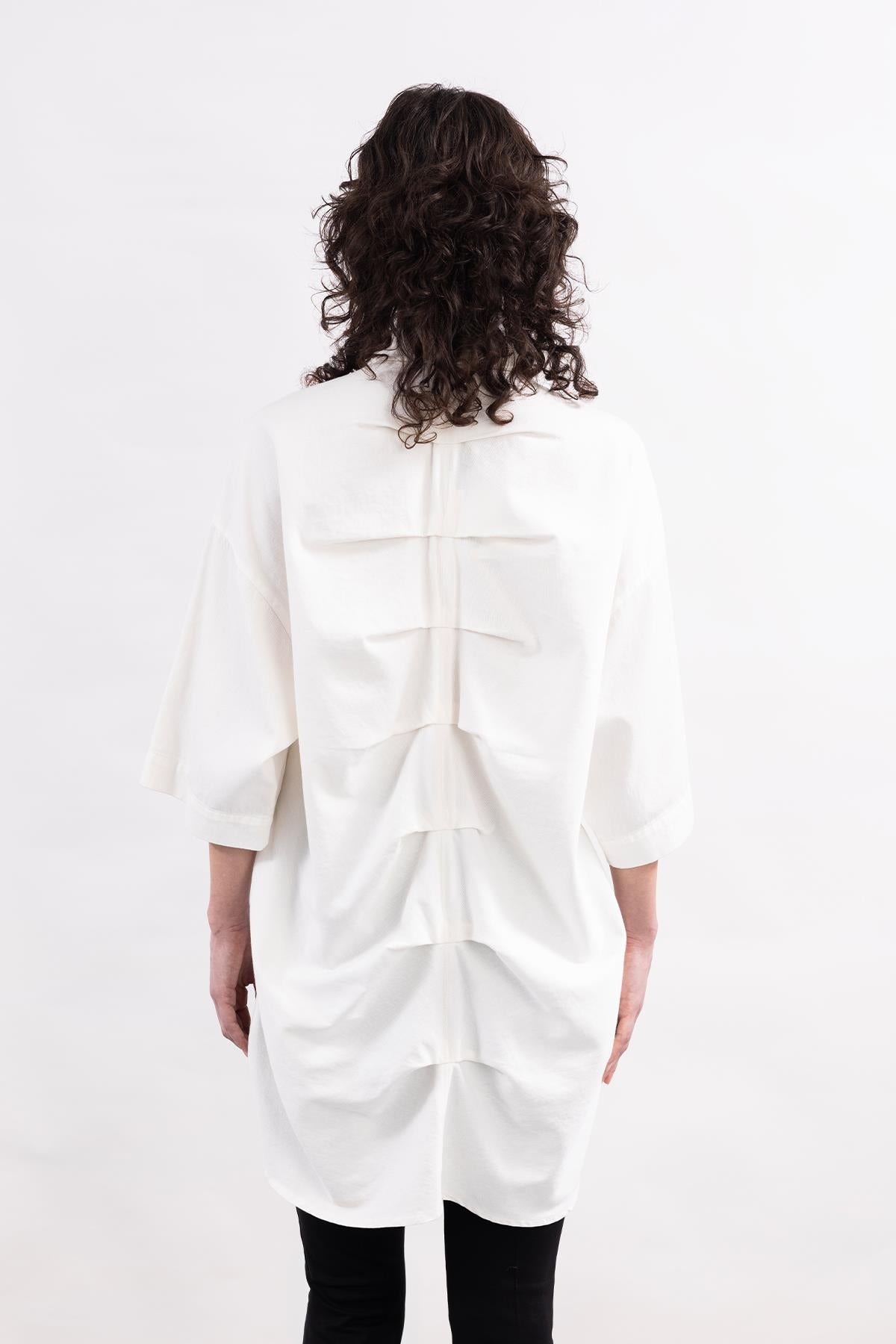 WHITE THREE QUARTER SLEEVE HAND PAINTED GABARDINE SHIRT