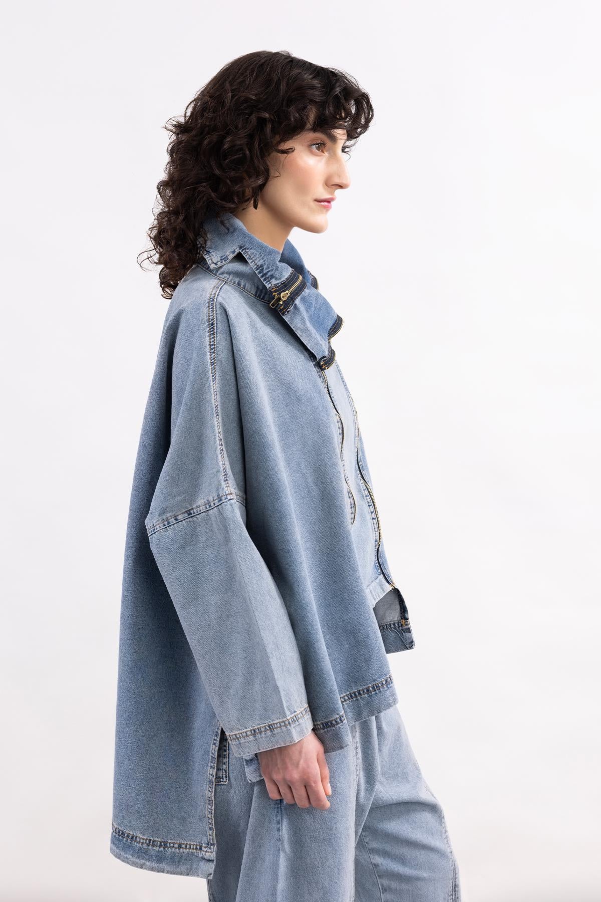 SNOW WASH LONG SLEEVE ZIPPERED THIN DENIM SHIRT