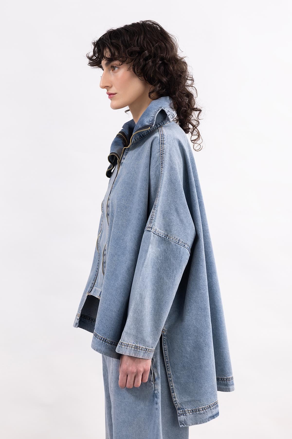 SNOW WASH LONG SLEEVE ZIPPERED THIN DENIM SHIRT