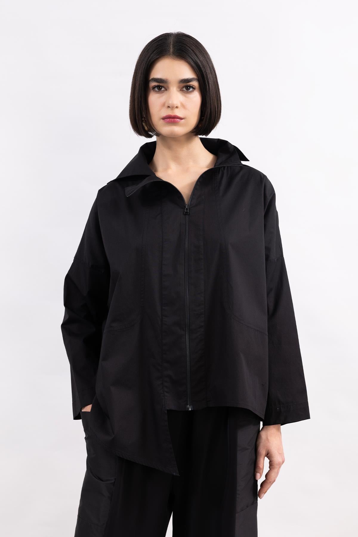 BLACK LONG SLEEVE ZIPPERED HIGH COLLAR POPLIN SHIRT