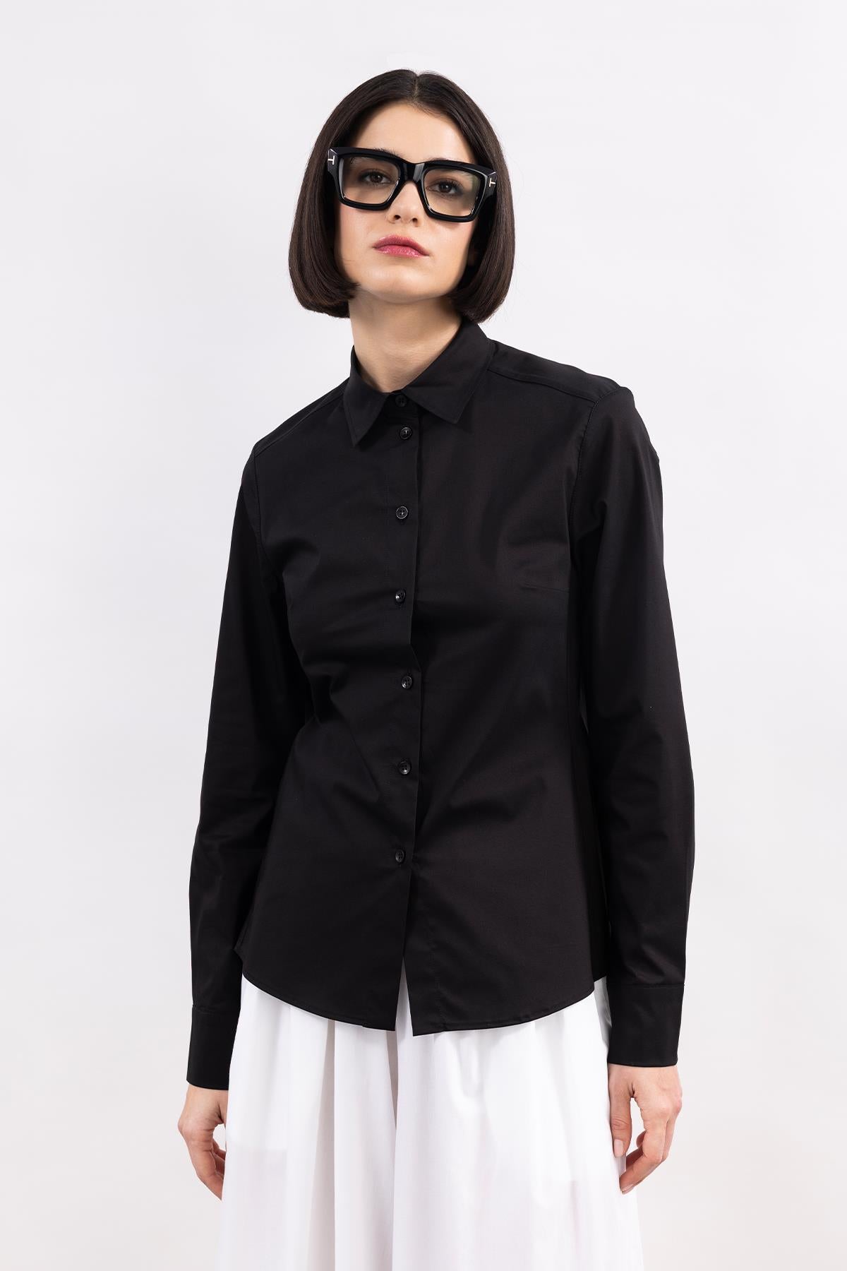 BLACK LONG SLEEVE CUFFS POPLIN SHIRT