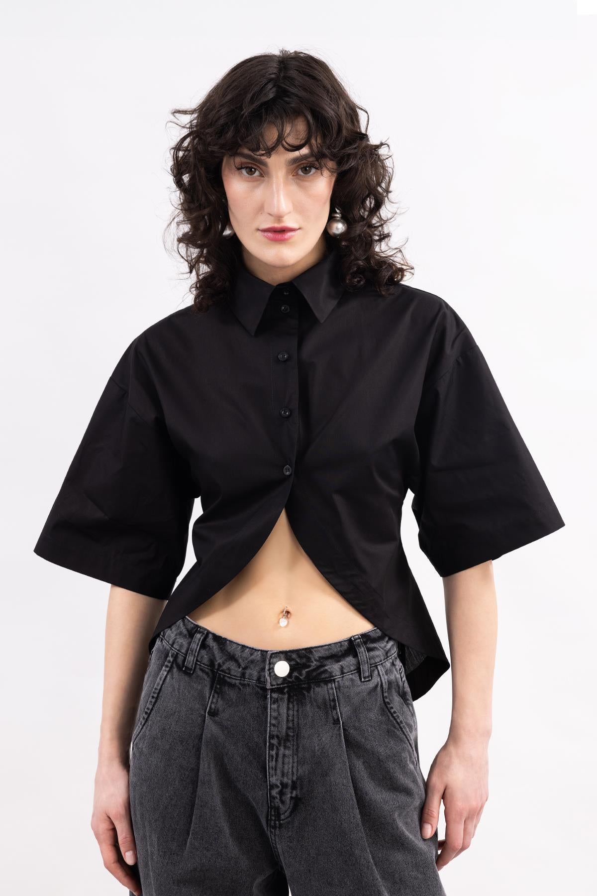 BLACK THREE QUARTER SLEEVE POPLIN SHIRT