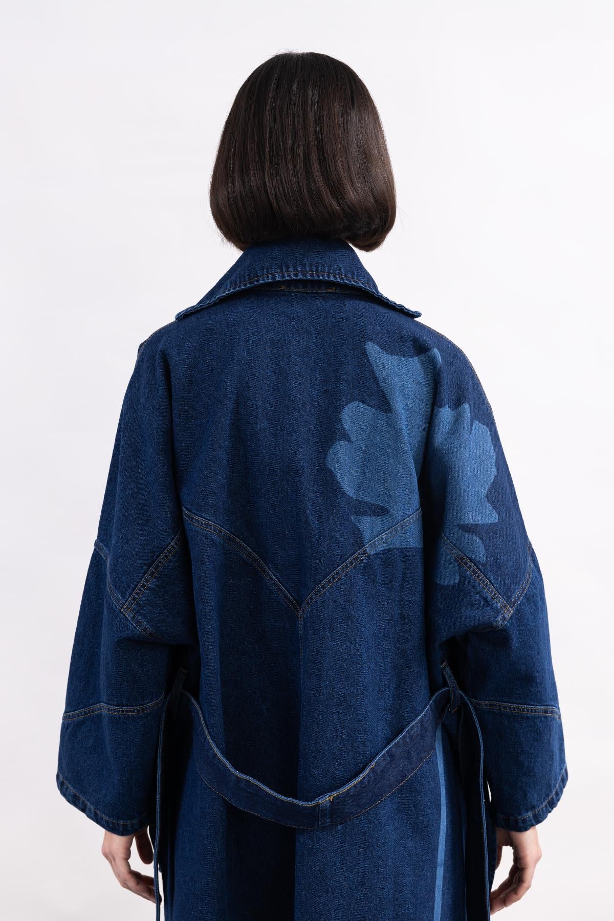 DARK BLUE LONG SLEEVE FLORAL PATTERNED LASER PRINTED DENIM SHIRT