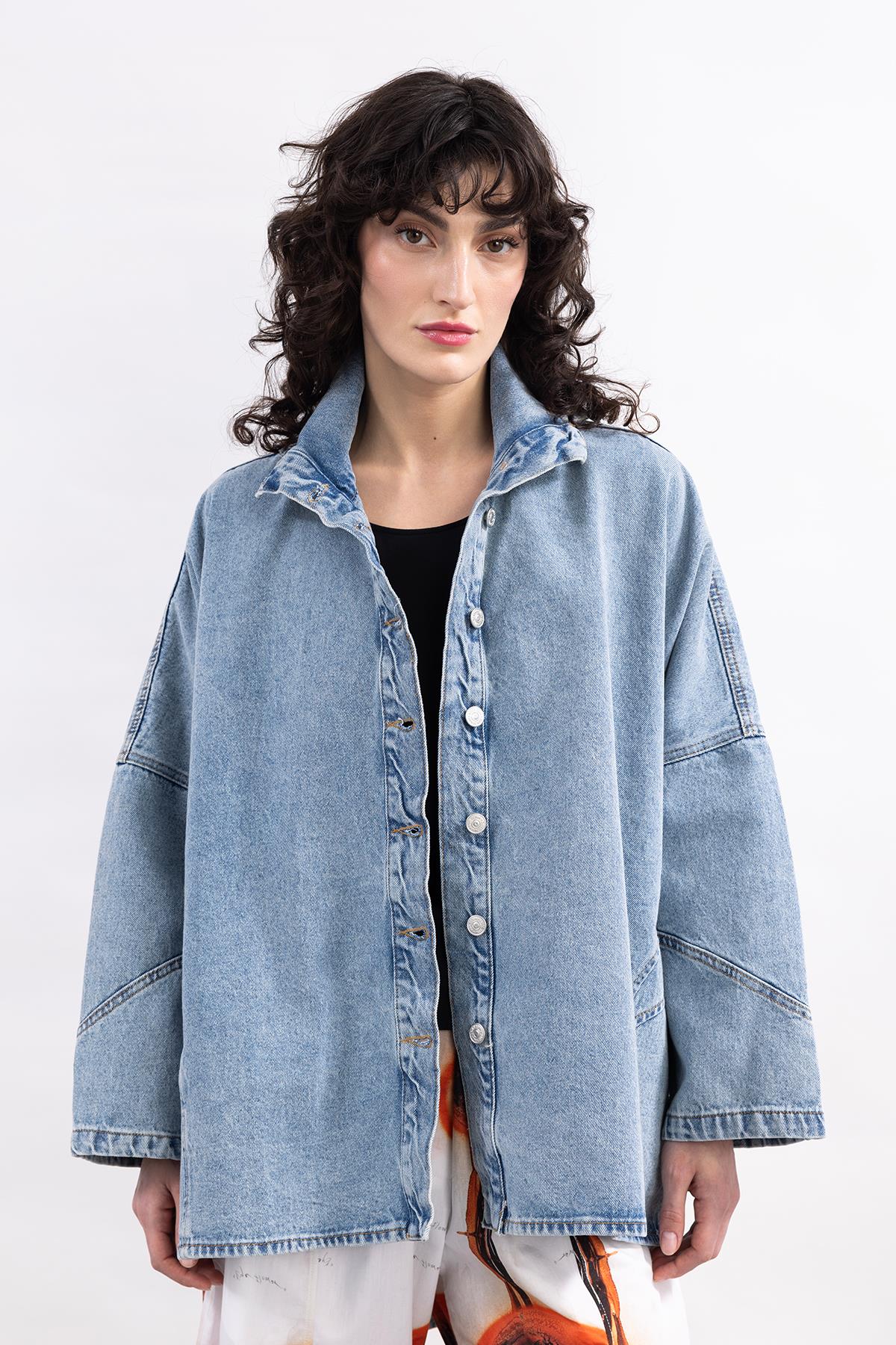 SNOW WASHED LONG SLEEVE BELT DENIM SHIRT