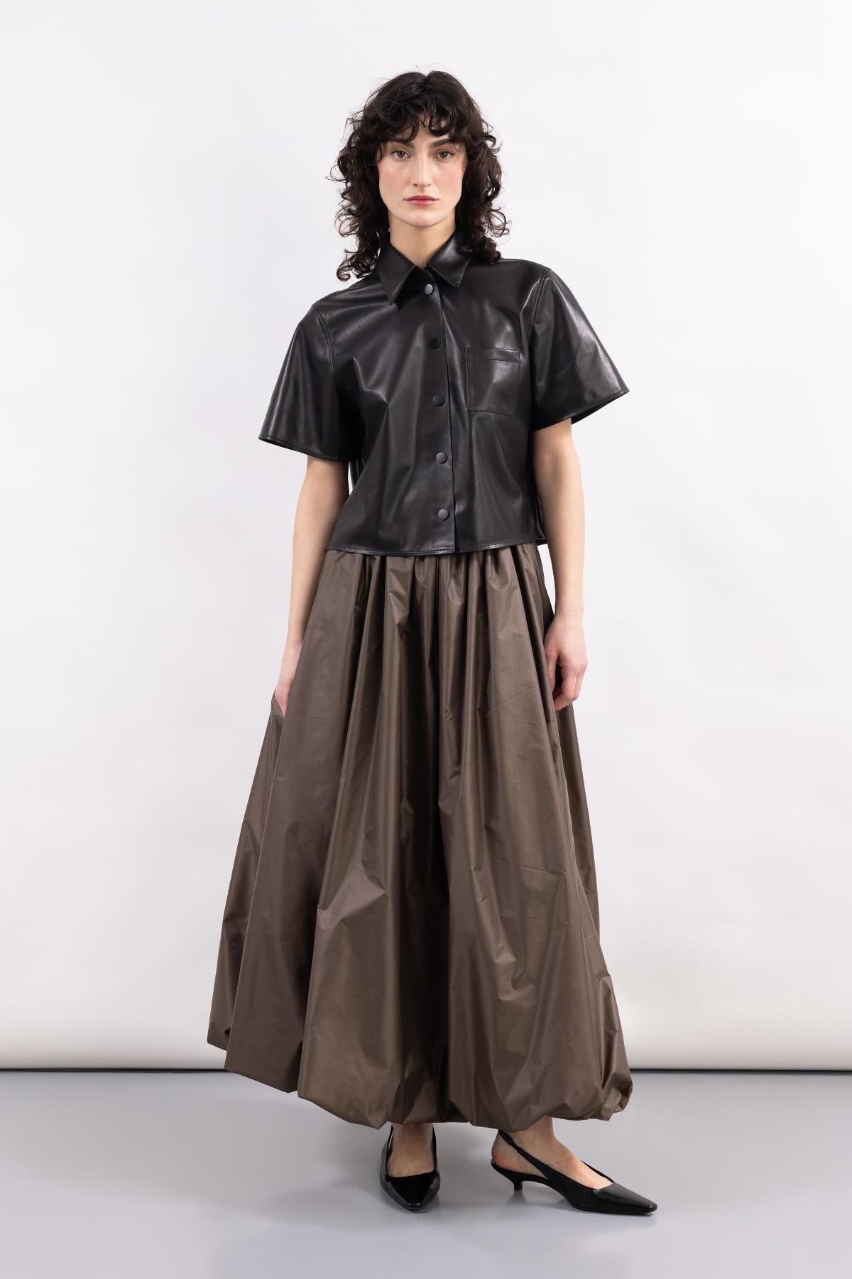 BROWN PARACHUTE FABRIC LONG BALLOON SKIRT