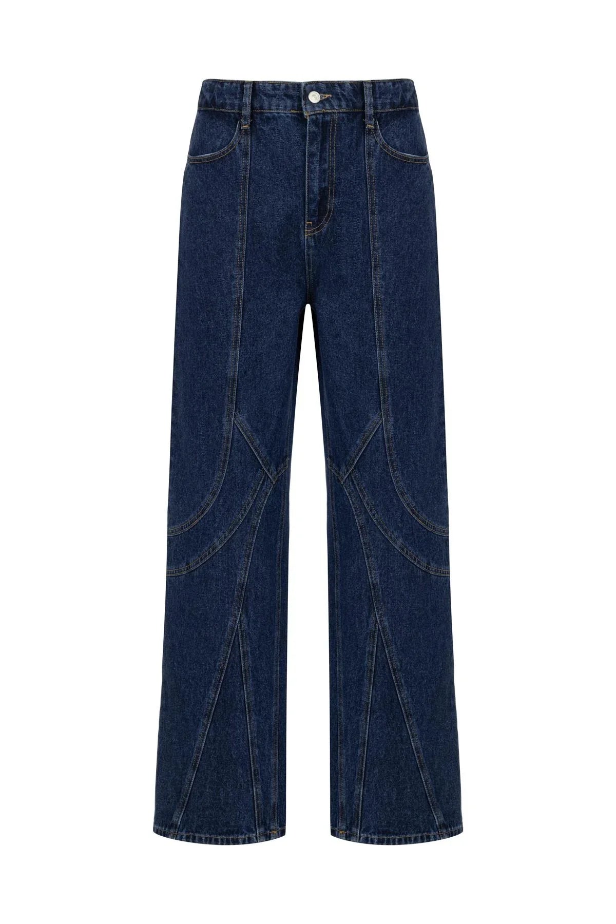 KOYU MAVİ DİKİŞ DETAYLI DENIM BOL PAÇA PANTOLON