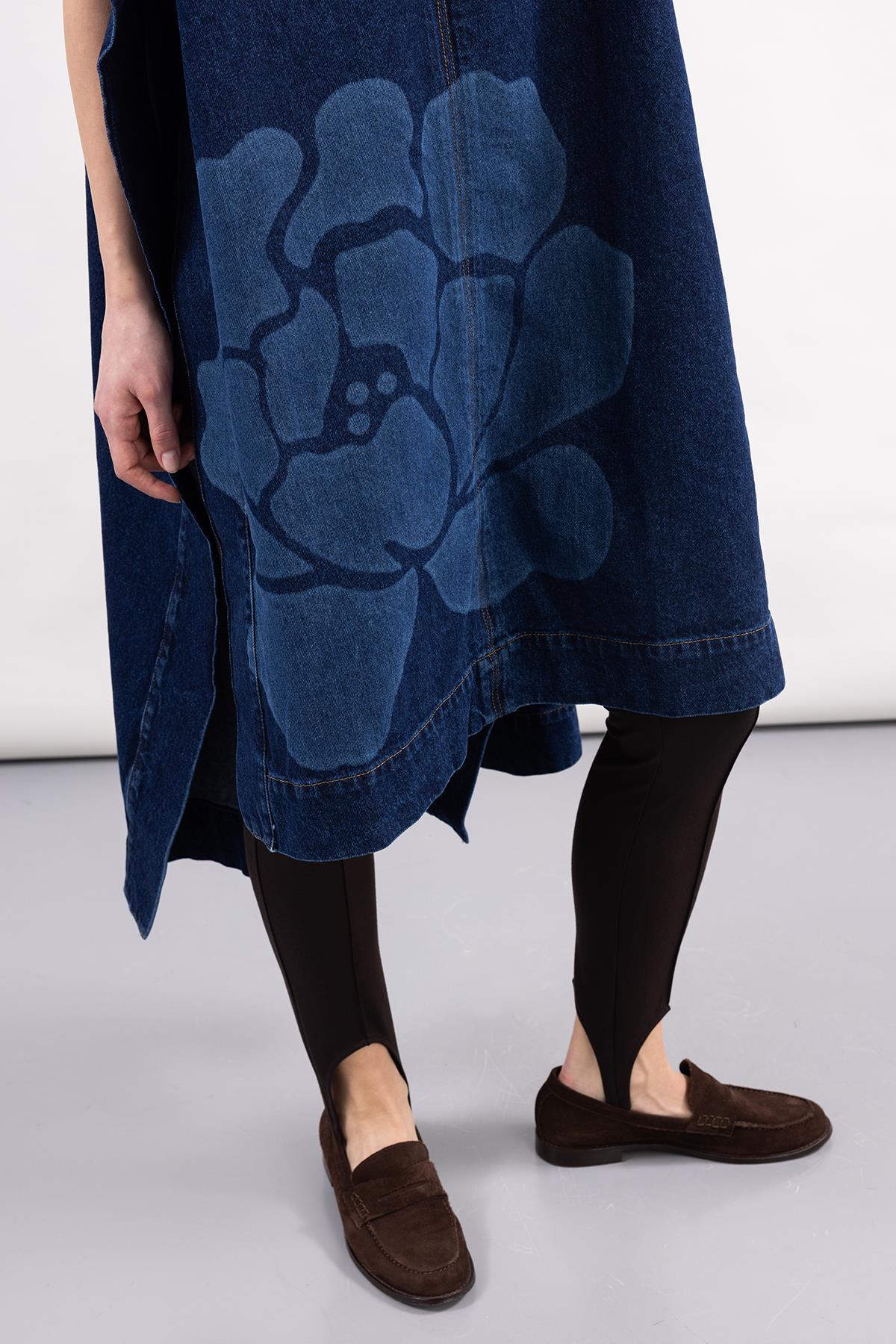 DARK BLUE FLORAL FRONT LASER PRINTED DENIM DRESS