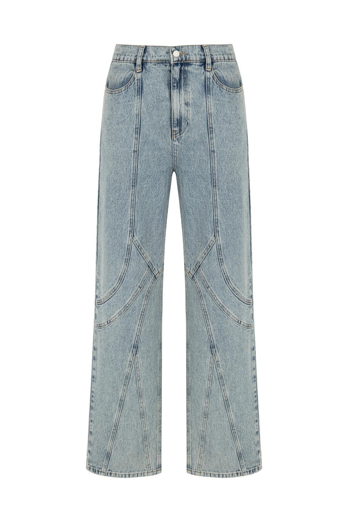 MAVİ DİKİŞ DETAYLI DENIM BOL PAÇA PANTOLON