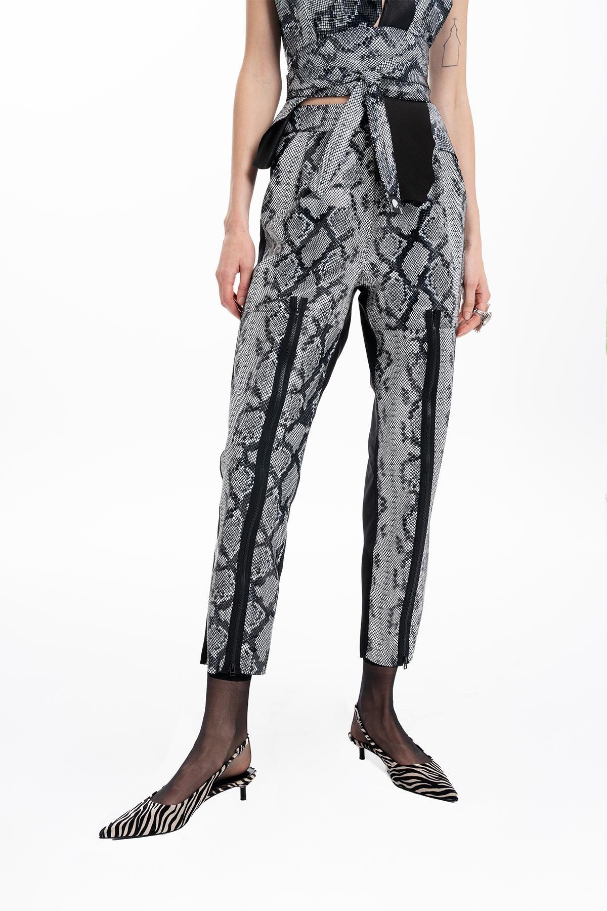 BLACK PYTHON PRINTED LEATHER TAFFETA SKINNY LEG TROUSERS