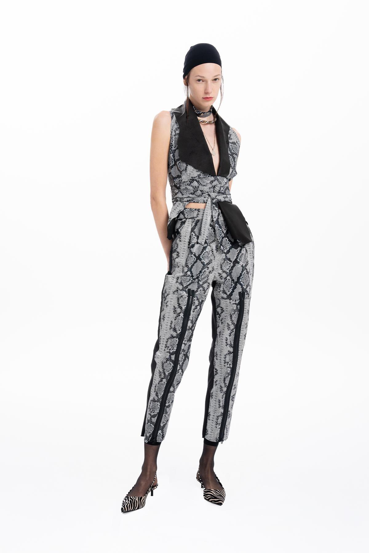 BLACK PYTHON PRINTED LEATHER TAFFETA SKINNY LEG TROUSERS