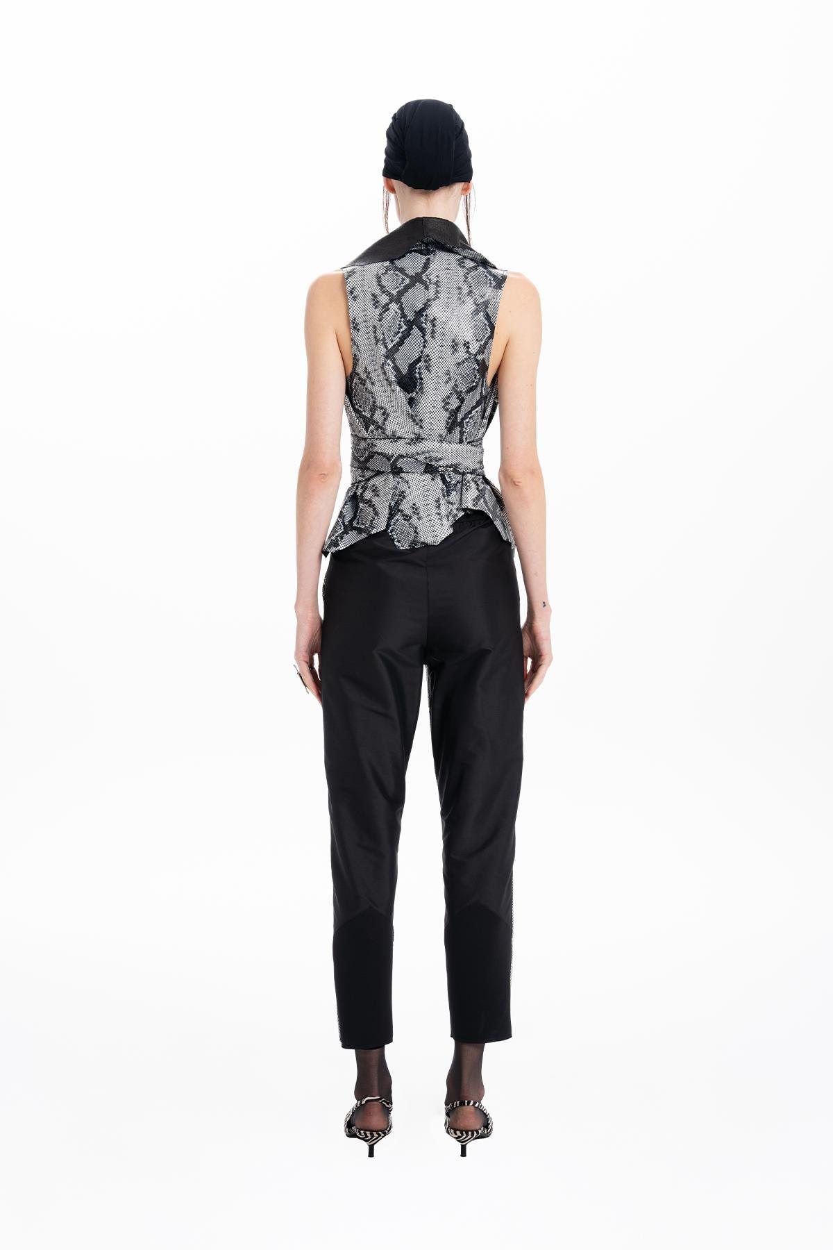 BLACK PYTHON PRINTED LEATHER TAFFETA SKINNY LEG TROUSERS