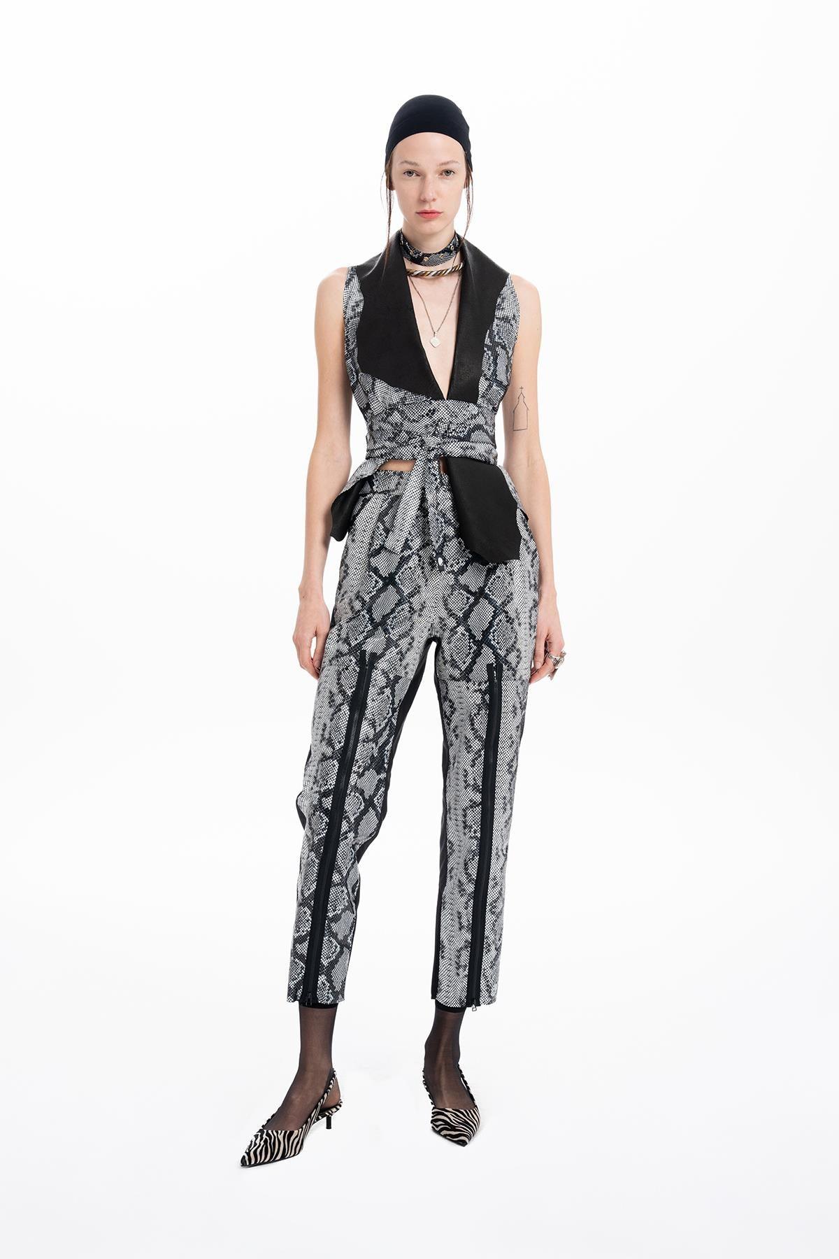 BLACK PYTHON PRINTED LEATHER TAFFETA SKINNY LEG TROUSERS