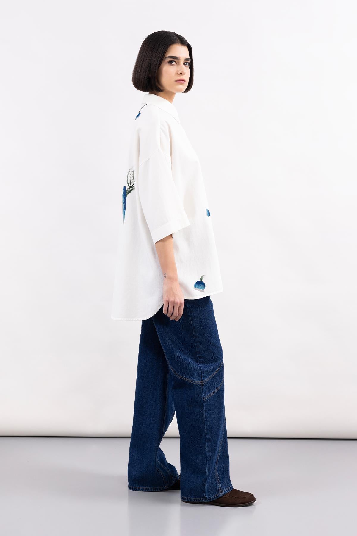 DARK BLUE STITCH DETAILED DENIM WIDE LEG TROUSERS