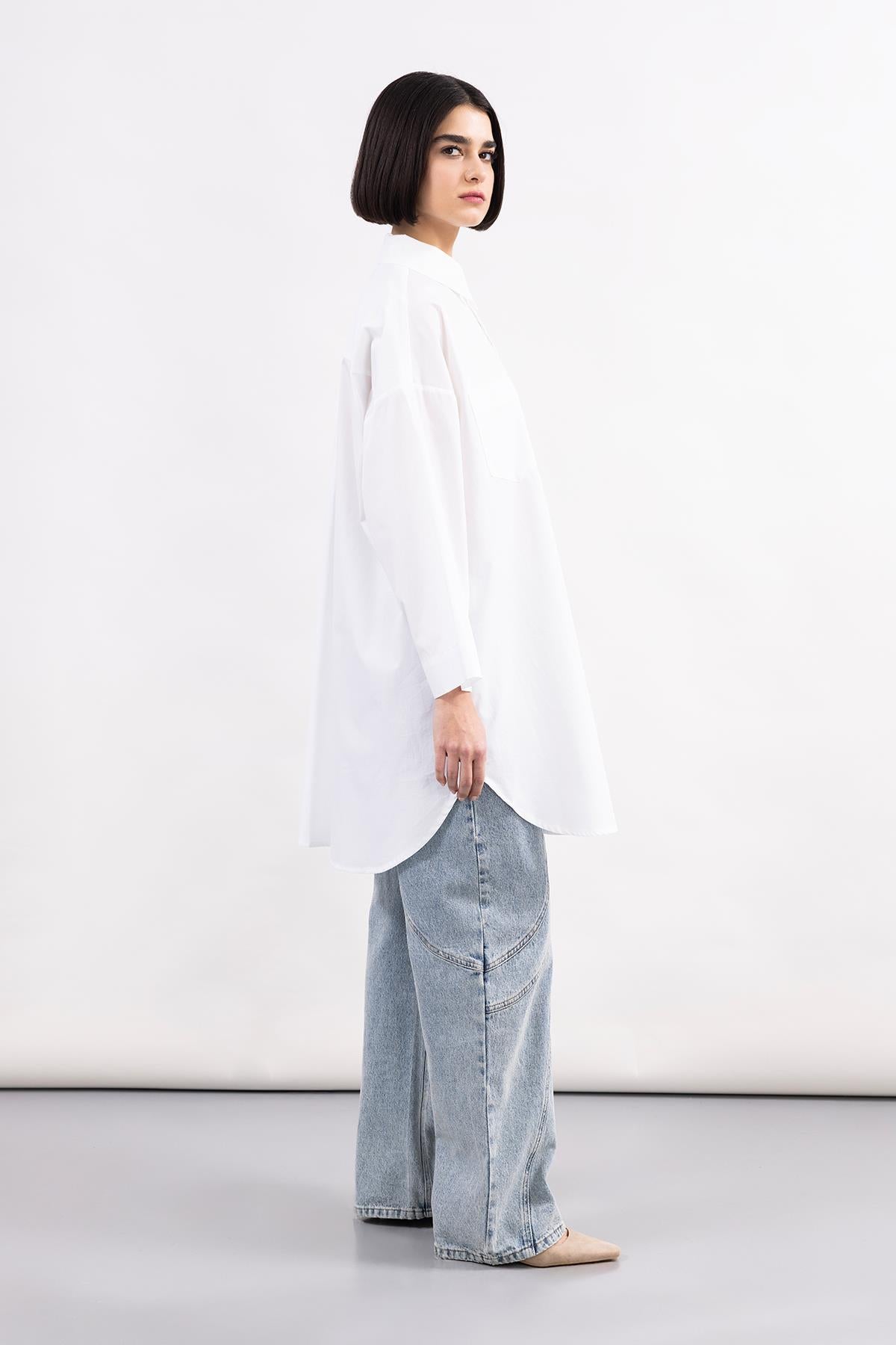 BLUE STITCH DETAILED DENIM WIDE LEG TROUSERS