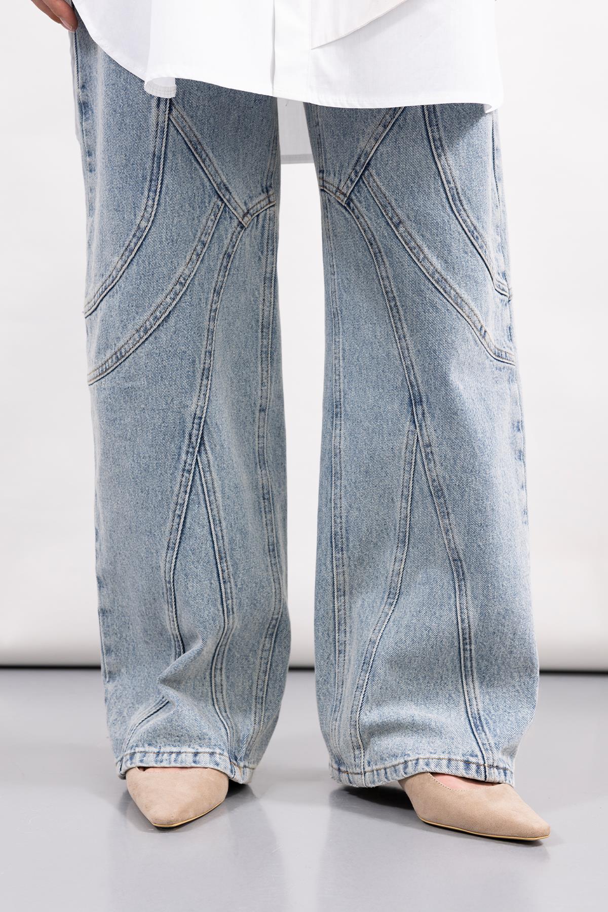 BLUE STITCH DETAILED DENIM WIDE LEG TROUSERS