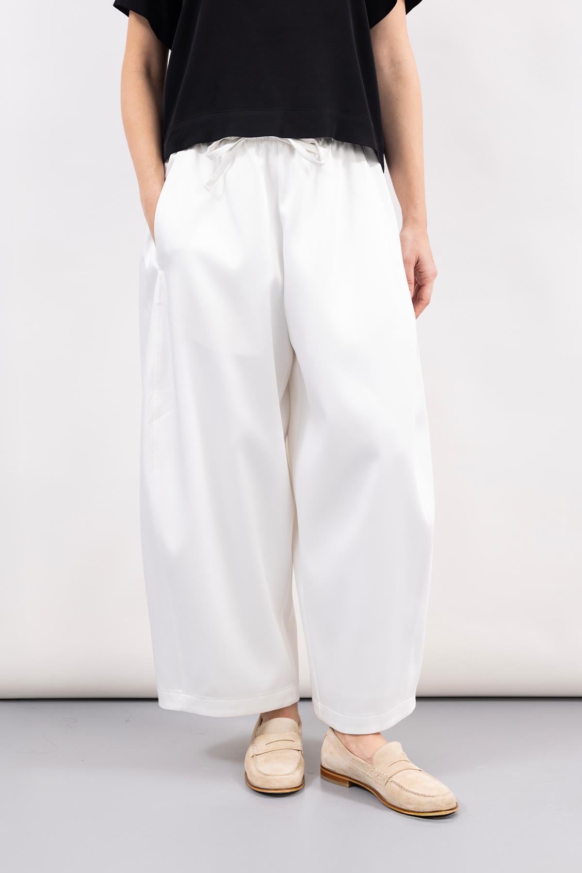 WHITE SATIN WIDE LEG TROUSERS WITH WAIST LACE DETAIL