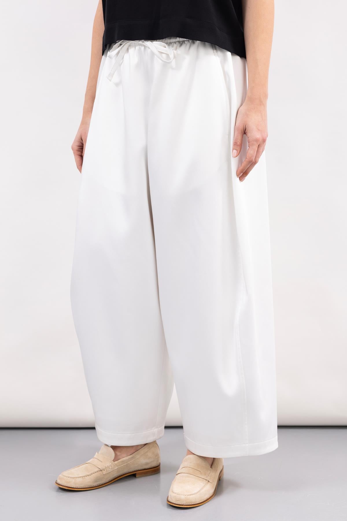 WHITE SATIN WIDE LEG TROUSERS WITH WAIST LACE DETAIL