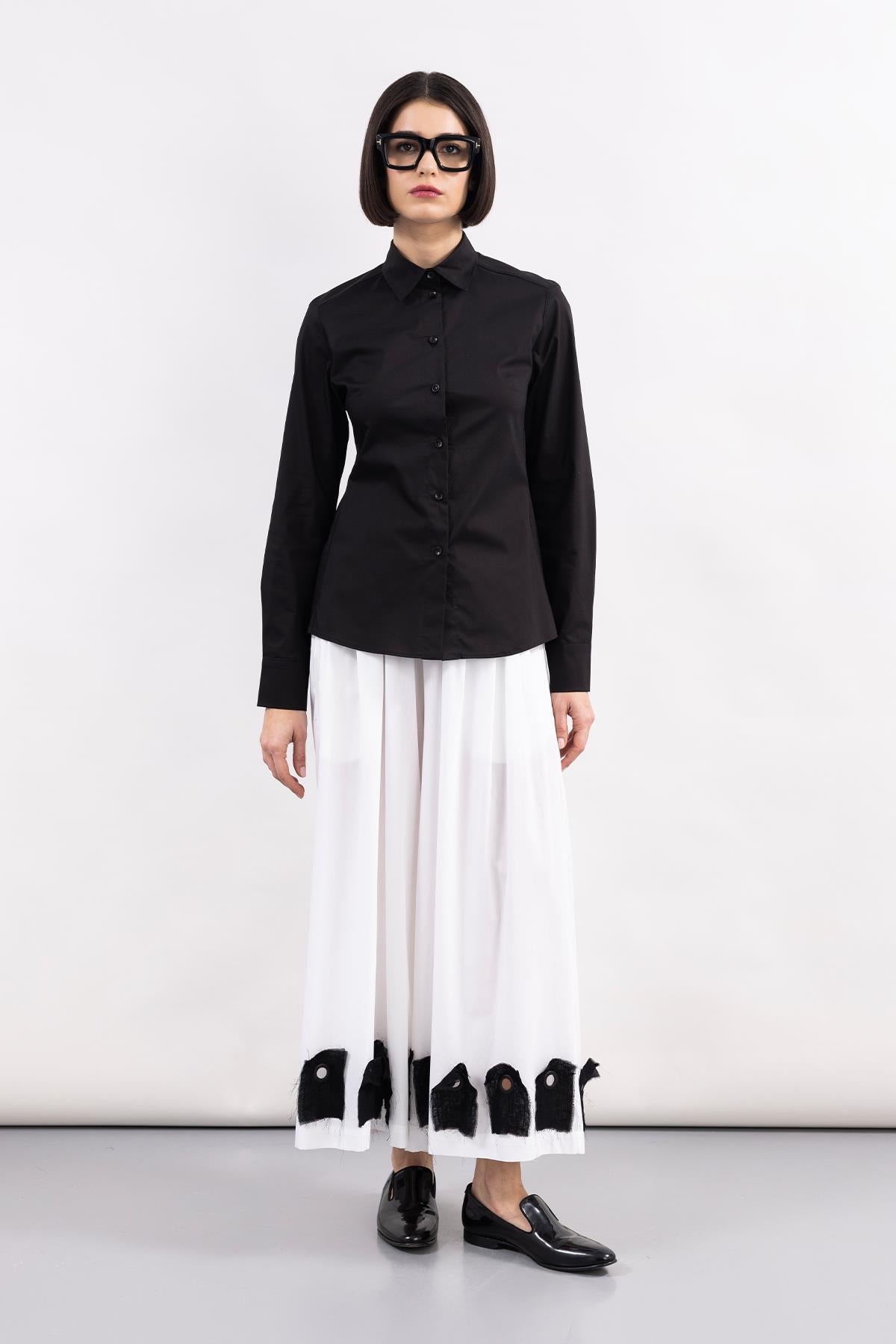 WHITE POPLIN DESIGN WIDE LEG TROUSERS