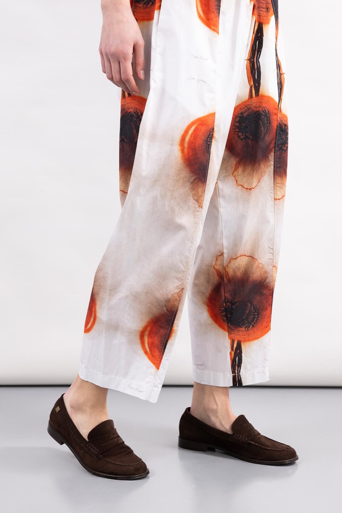 WHITE ABSTRACT PATTERNED DIGITAL PRINTED POPLIN WIDE LEG TROUSERS