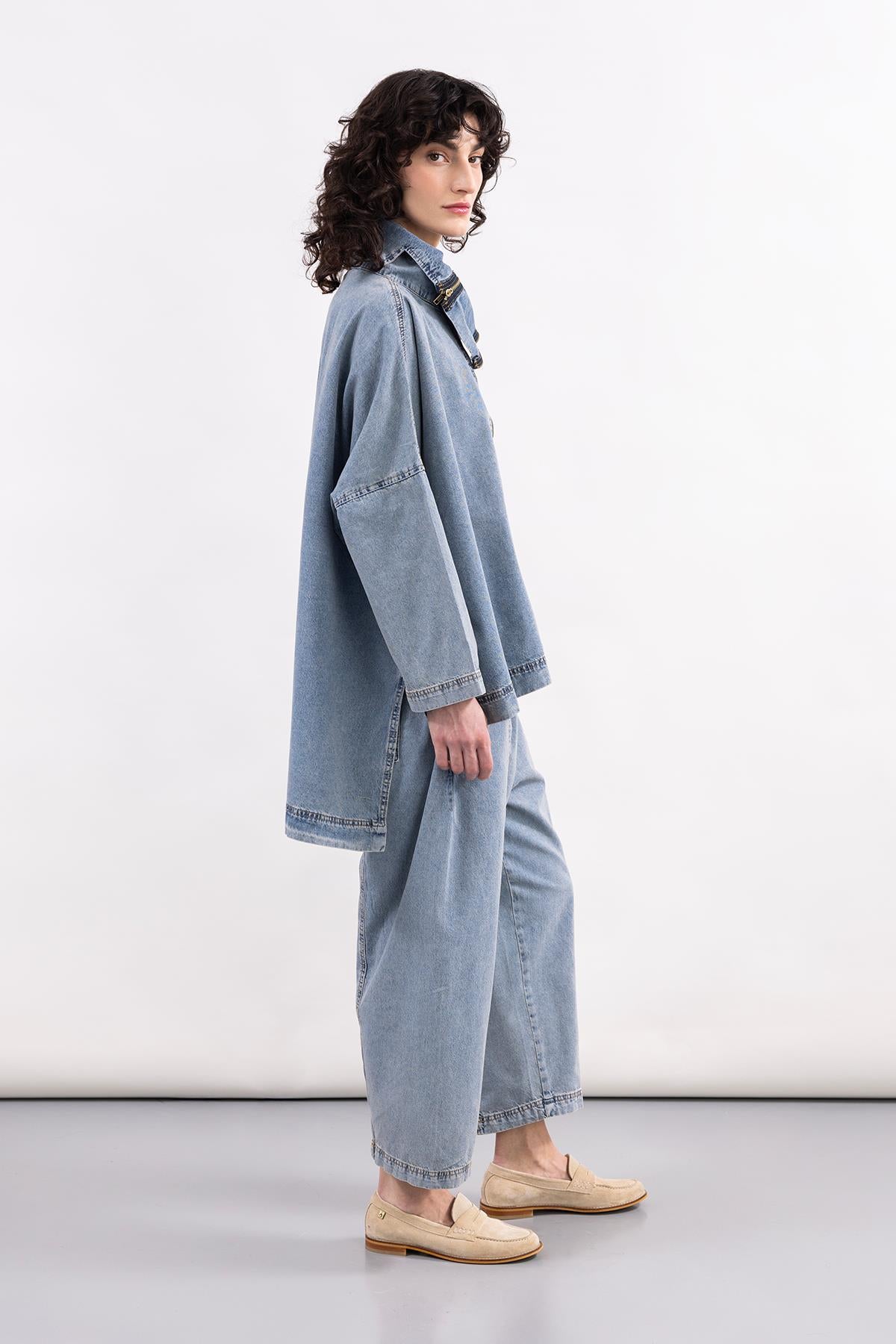 THIN DENIM STITCH DETAIL WIDE LEG TROUSERS