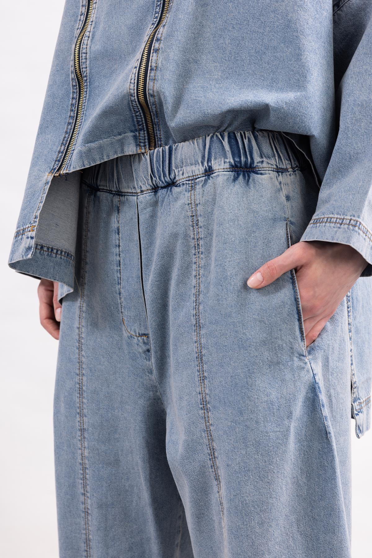 THIN DENIM STITCH DETAIL WIDE LEG TROUSERS