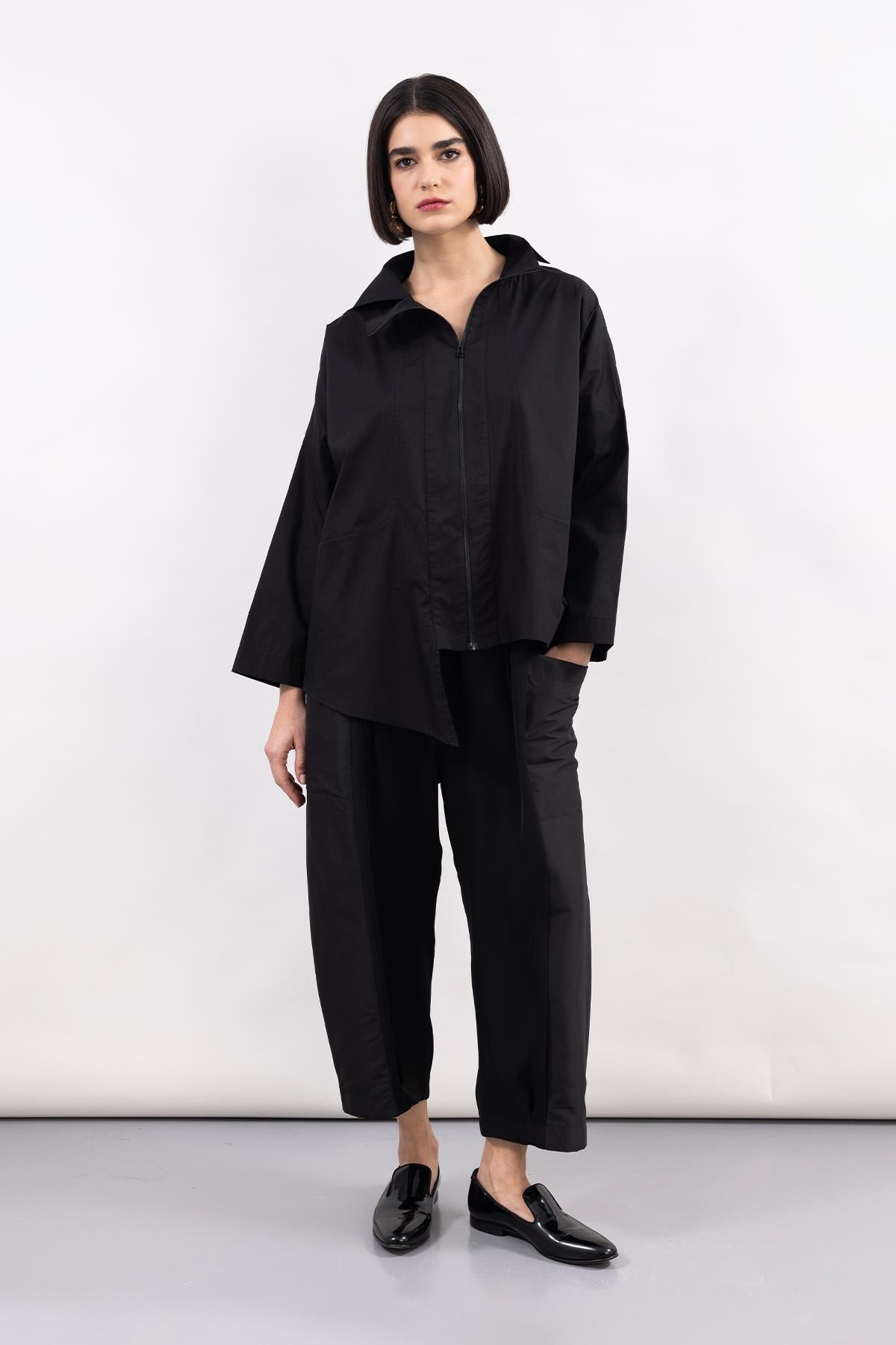 BLACK WOVEN FABRIC WIDE LEG TROUSERS WITH POCKETS