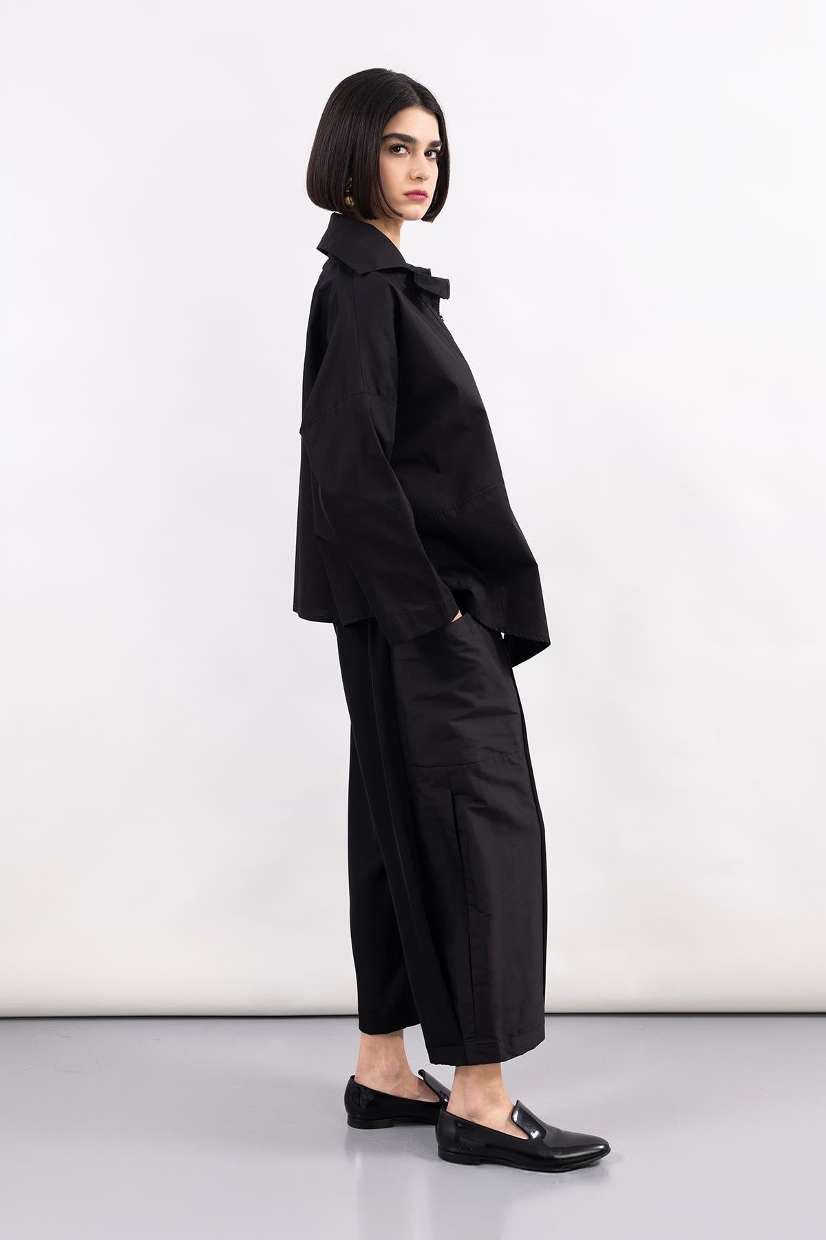 BLACK WOVEN FABRIC WIDE LEG TROUSERS WITH POCKETS