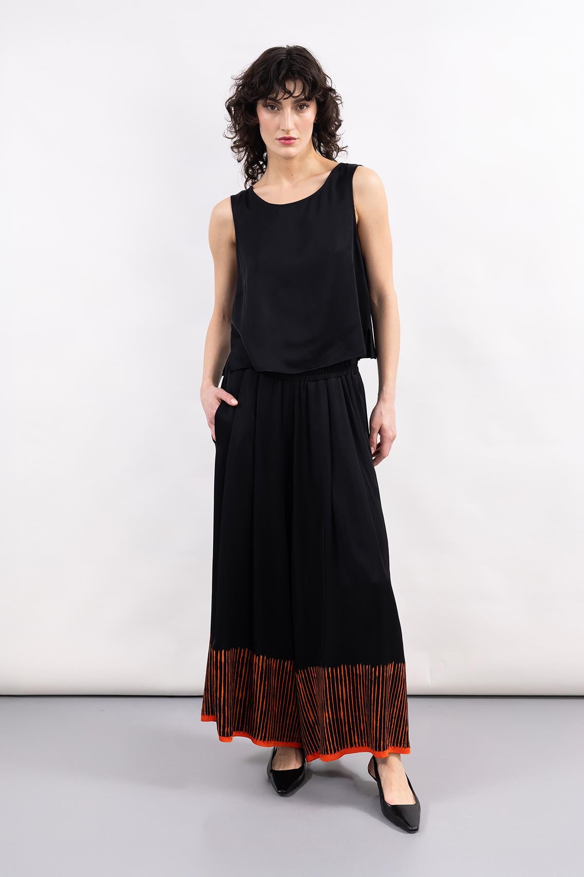 BLACK HAND PAINTED SATIN WIDE LEG TROUSERS