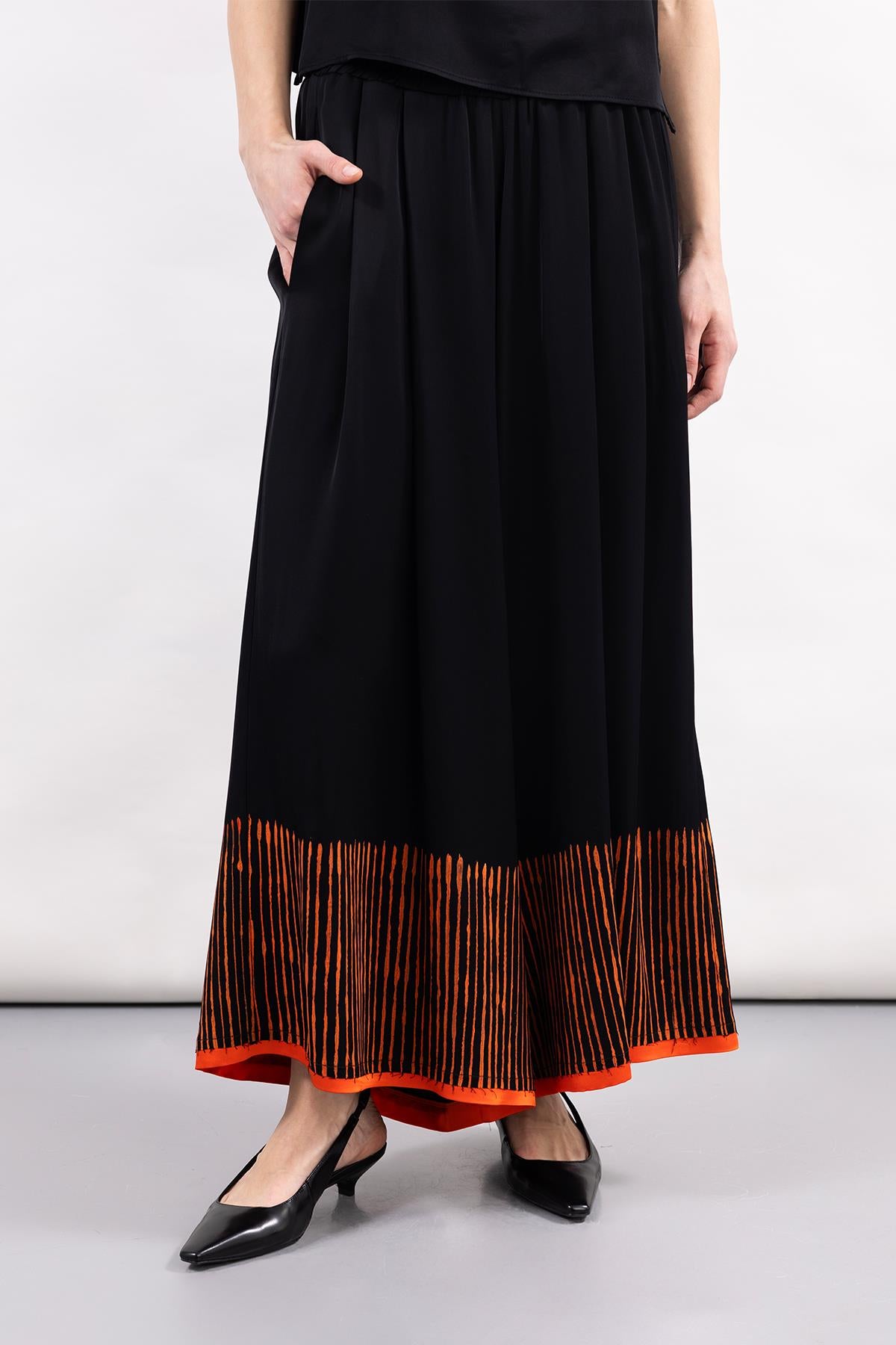 BLACK HAND PAINTED SATIN WIDE LEG TROUSERS