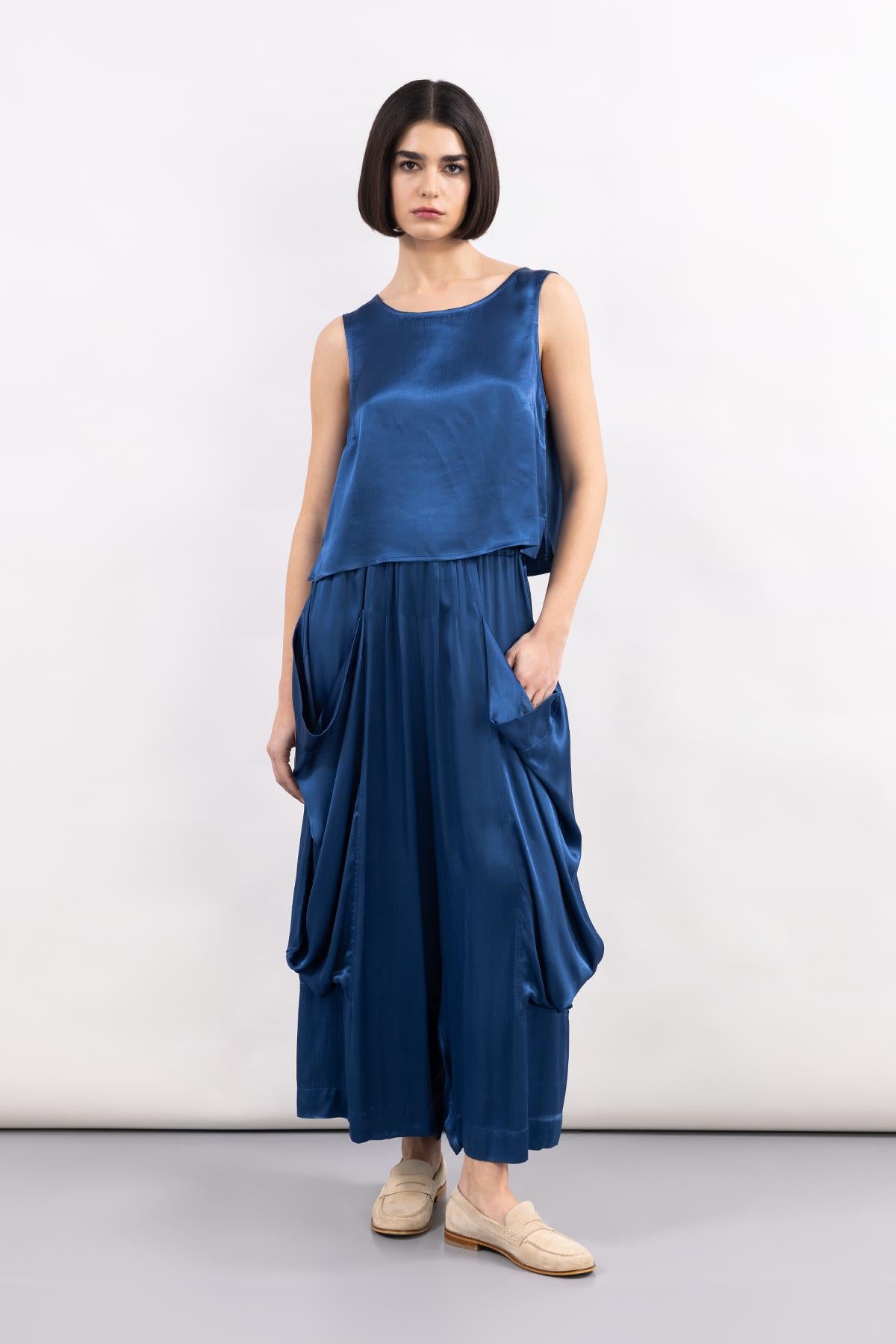 COBALT BLUE POCKET SATIN WIDE LEG TROUSERS