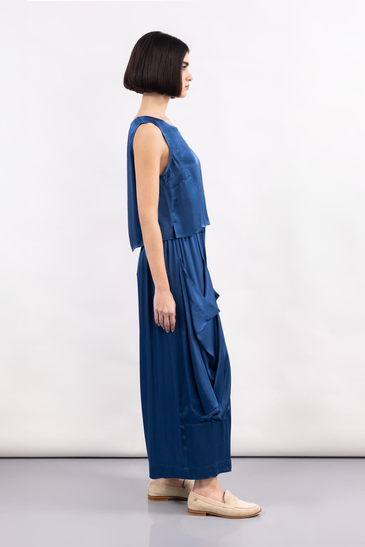 COBALT BLUE POCKET SATIN WIDE LEG TROUSERS