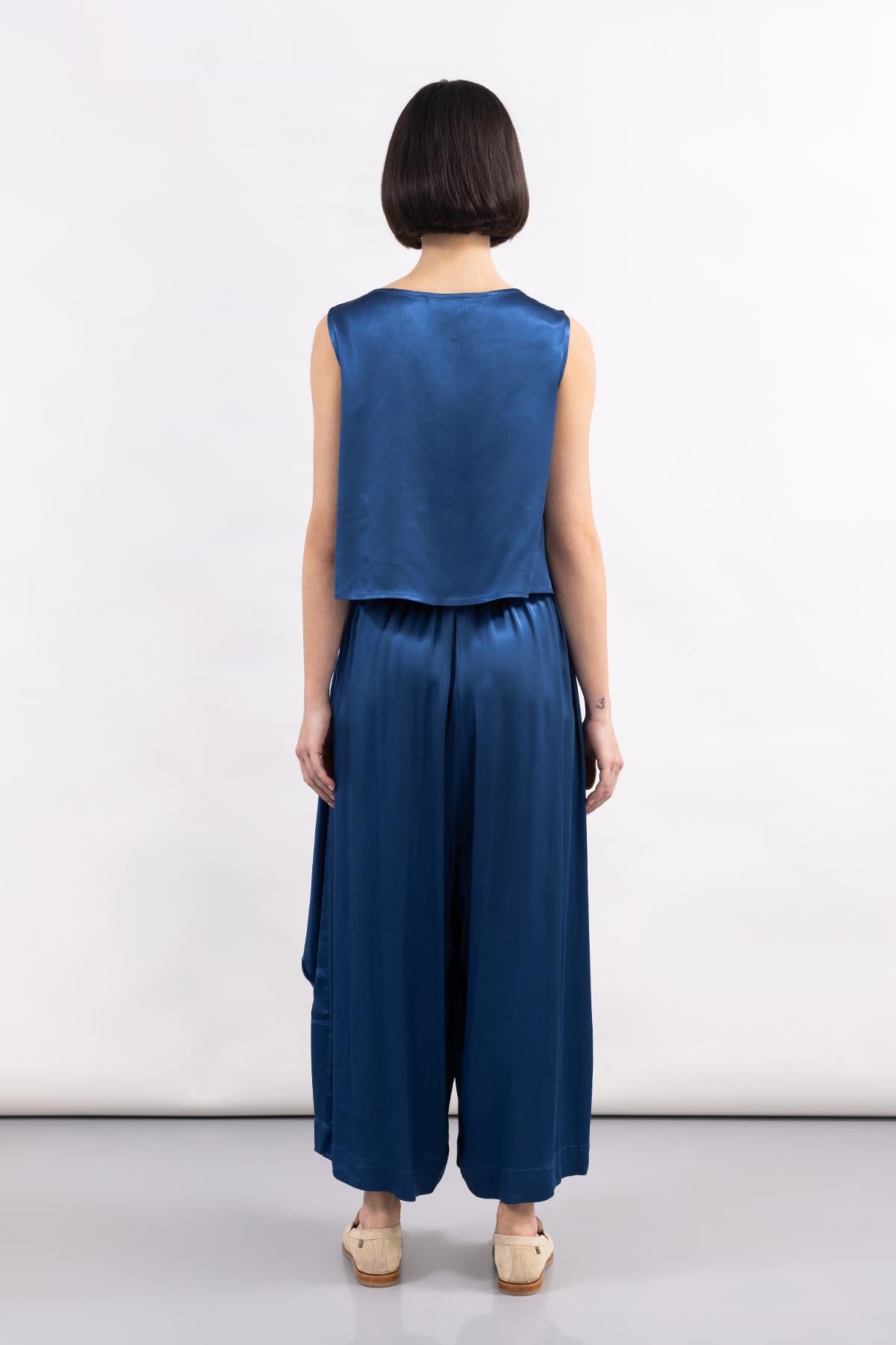 COBALT BLUE POCKET SATIN WIDE LEG TROUSERS